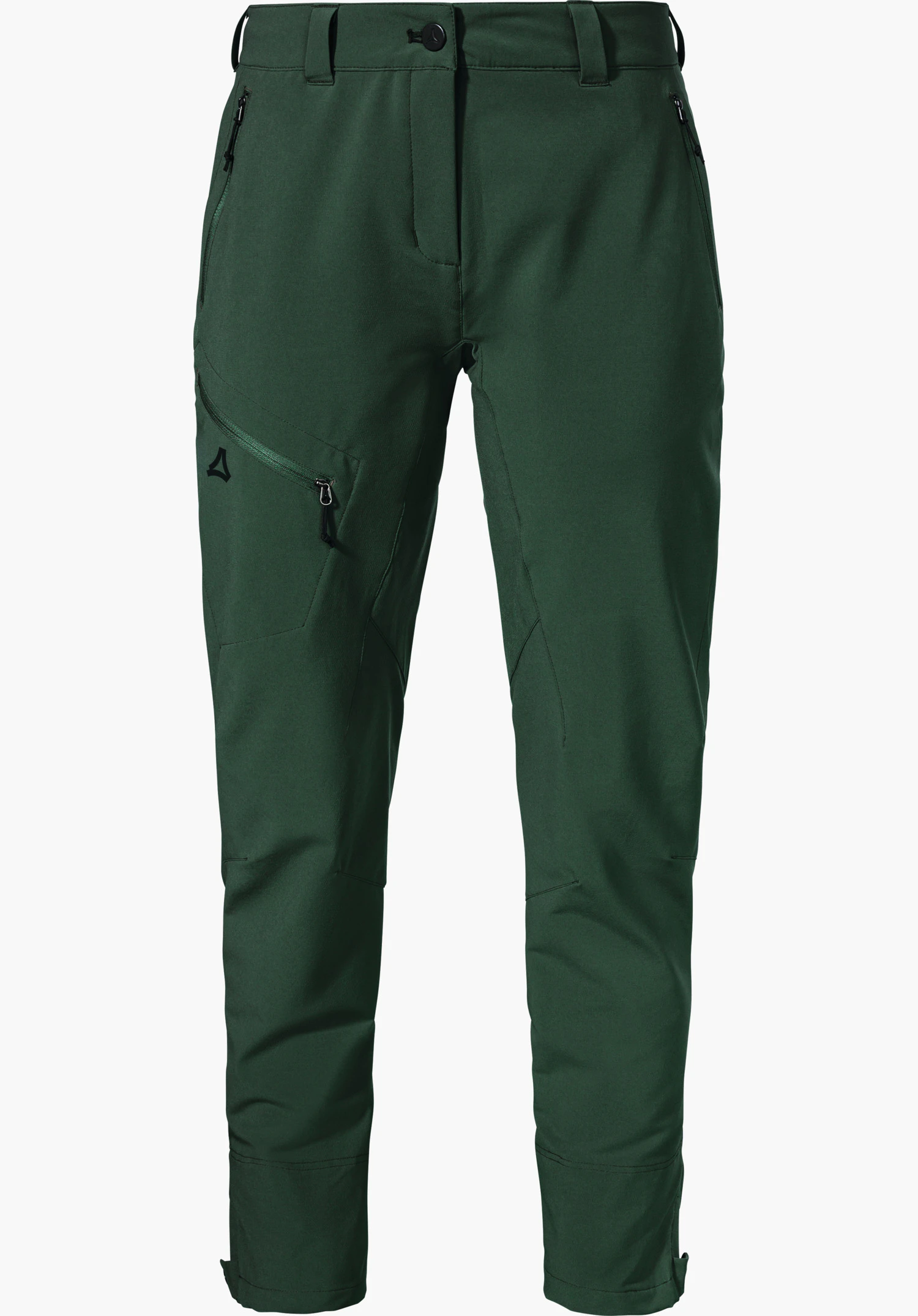 Pants Style Cascata WMS Schwarze Outdoor-Hose, frontseitig abgebildet; mit Reißverschlusstaschen, Bund mit Gürtelschlaufen, schmal zulaufenden Beinen und Schöffel-Logo auf dem Oberschenkel; vor weißem Hintergrund.