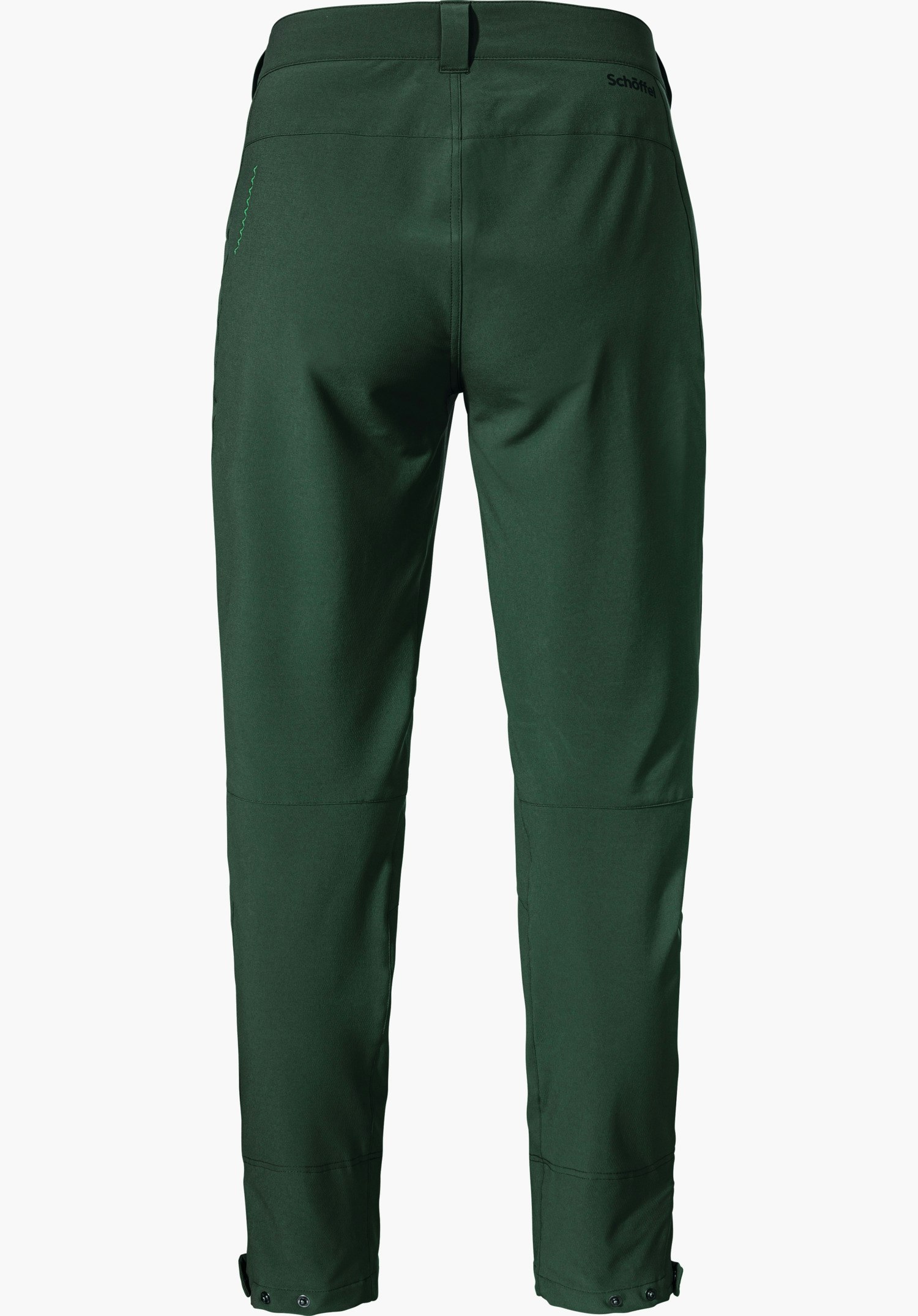 Pants Style Cascata WMS Donkergroene wandelbroek, achteraanzicht; hangt breed/uitgespreid, recht gesneden, glad materiaal, taille-opdruk “Schöffel”, subtiele naaddetails; witte achtergrond.