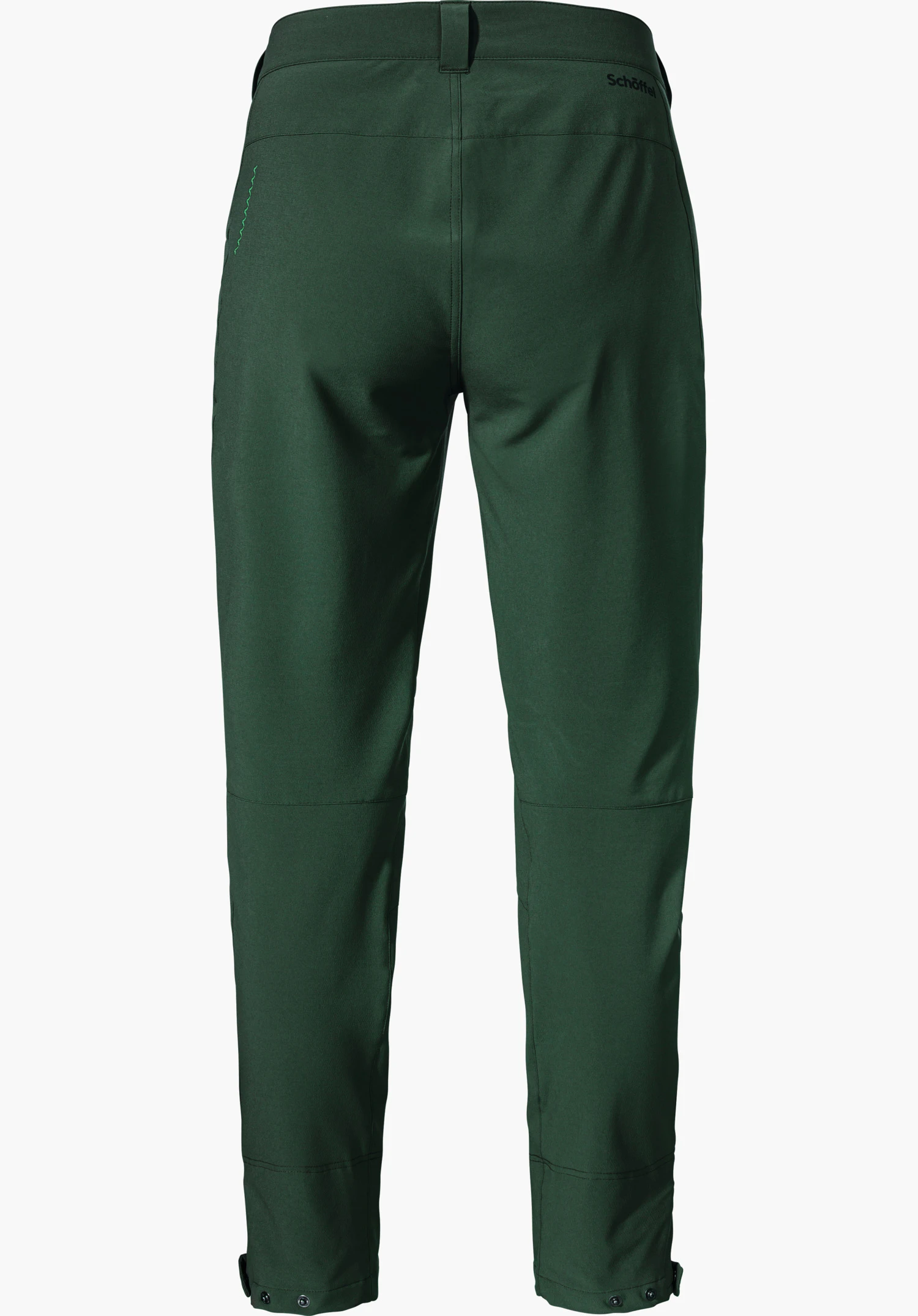 Pants Style Cascata WMS pantalon de randonnée vert foncé, vue arrière; suspendu, coupe droite, tissu lisse, marquage taille "Schöffel", détails de couture discrets; fond blanc.