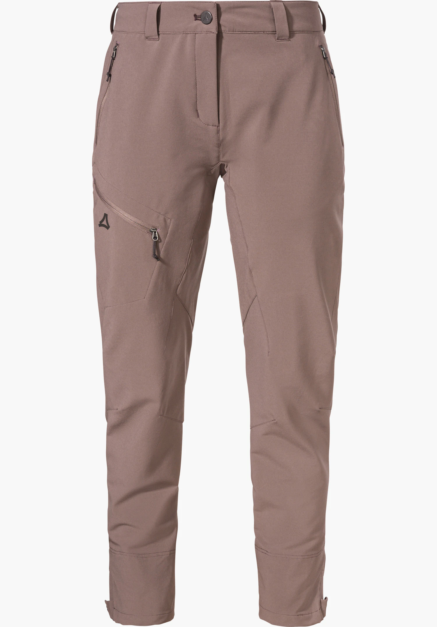Pants Style Cascata WMS pantalon de randonnée violet, présenté de face, sur fond blanc; poches zippées à la taille et sur la cuisse; logo Schöffel à gauche.