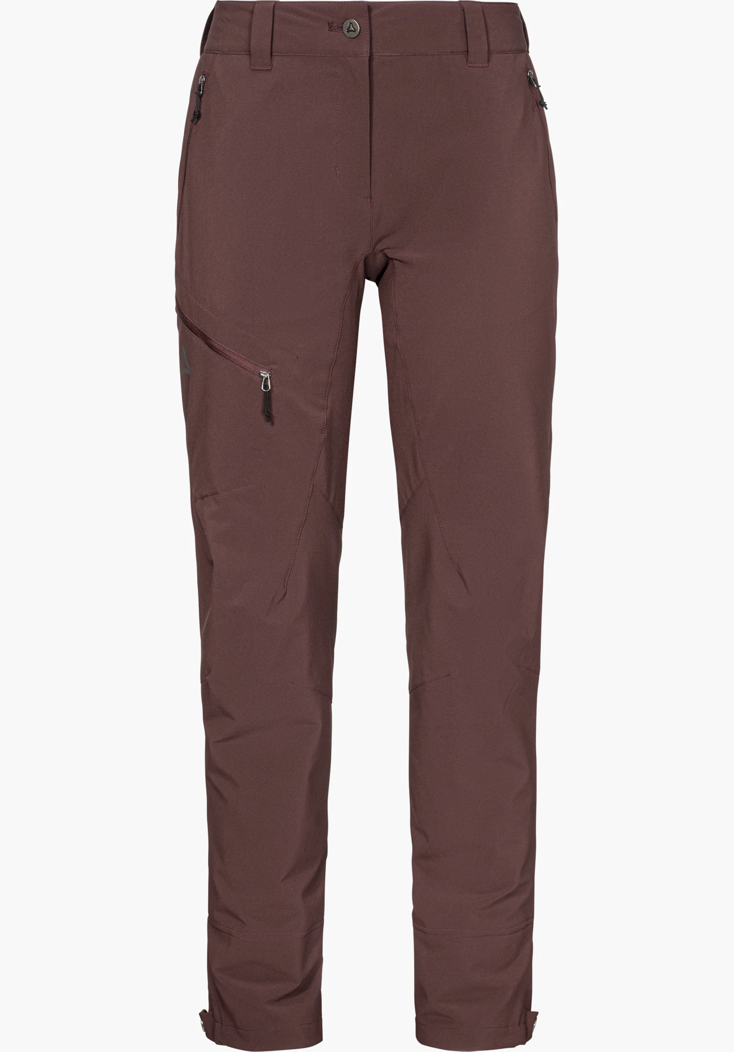 Pants Style Cascata WMS Schwarze Outdoor-Hose, frontseitig abgebildet; mit Reißverschlusstaschen, Bund mit Gürtelschlaufen, schmal zulaufenden Beinen und Schöffel-Logo auf dem Oberschenkel; vor weißem Hintergrund.