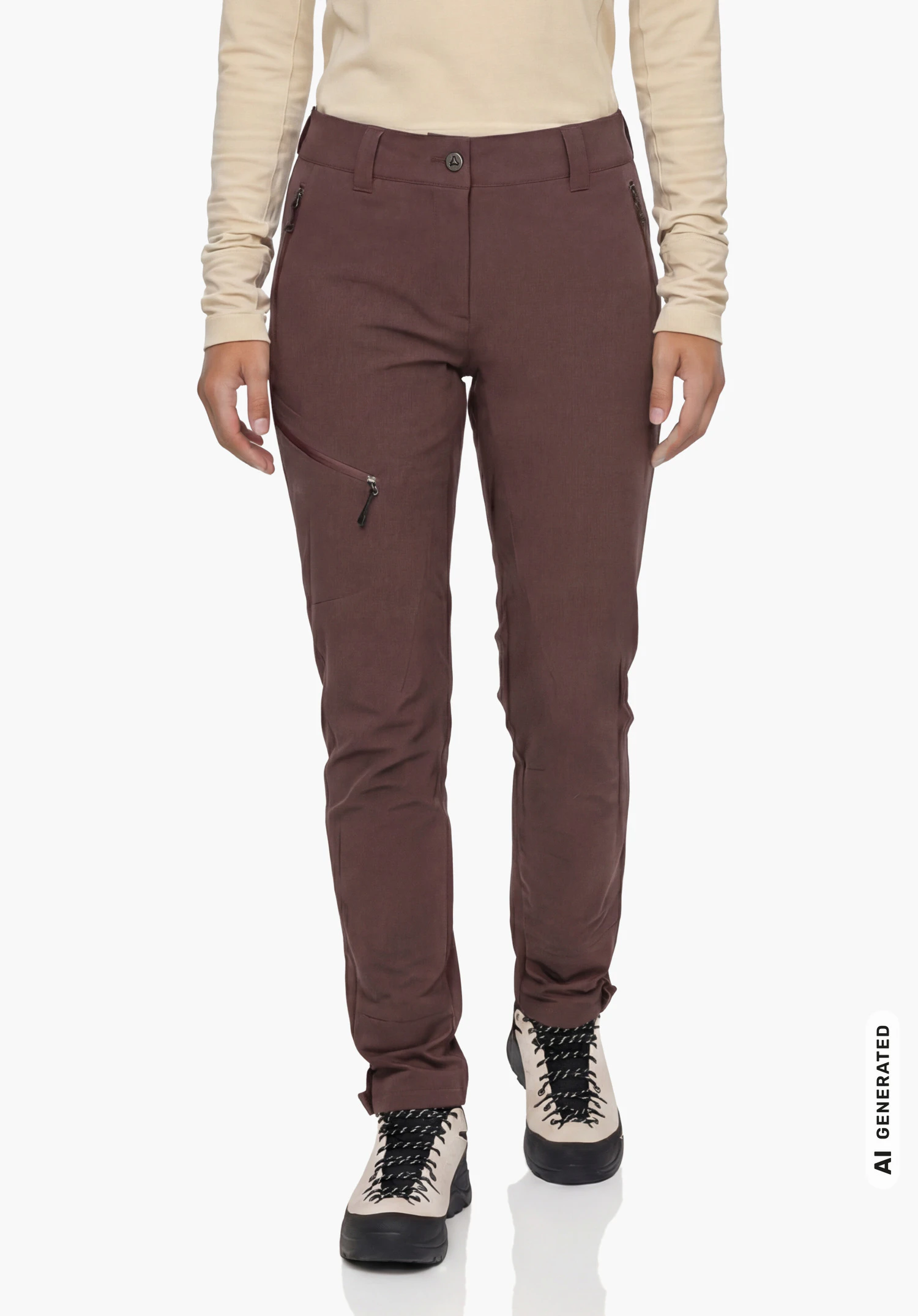 Pants Style Cascata WMS in purple, worn by a female model standing upright with arms hanging down and shown from the front against a white background. (AI-generated)