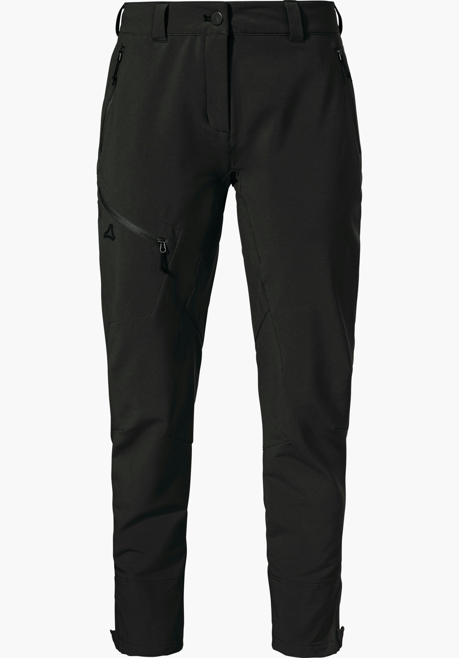 Pants Style Cascata WMS pantalon outdoor noir, présenté de face; poches zippées, ceinture avec passants, jambes fuselées et logo Schöffel sur la cuisse; sur fond blanc.
