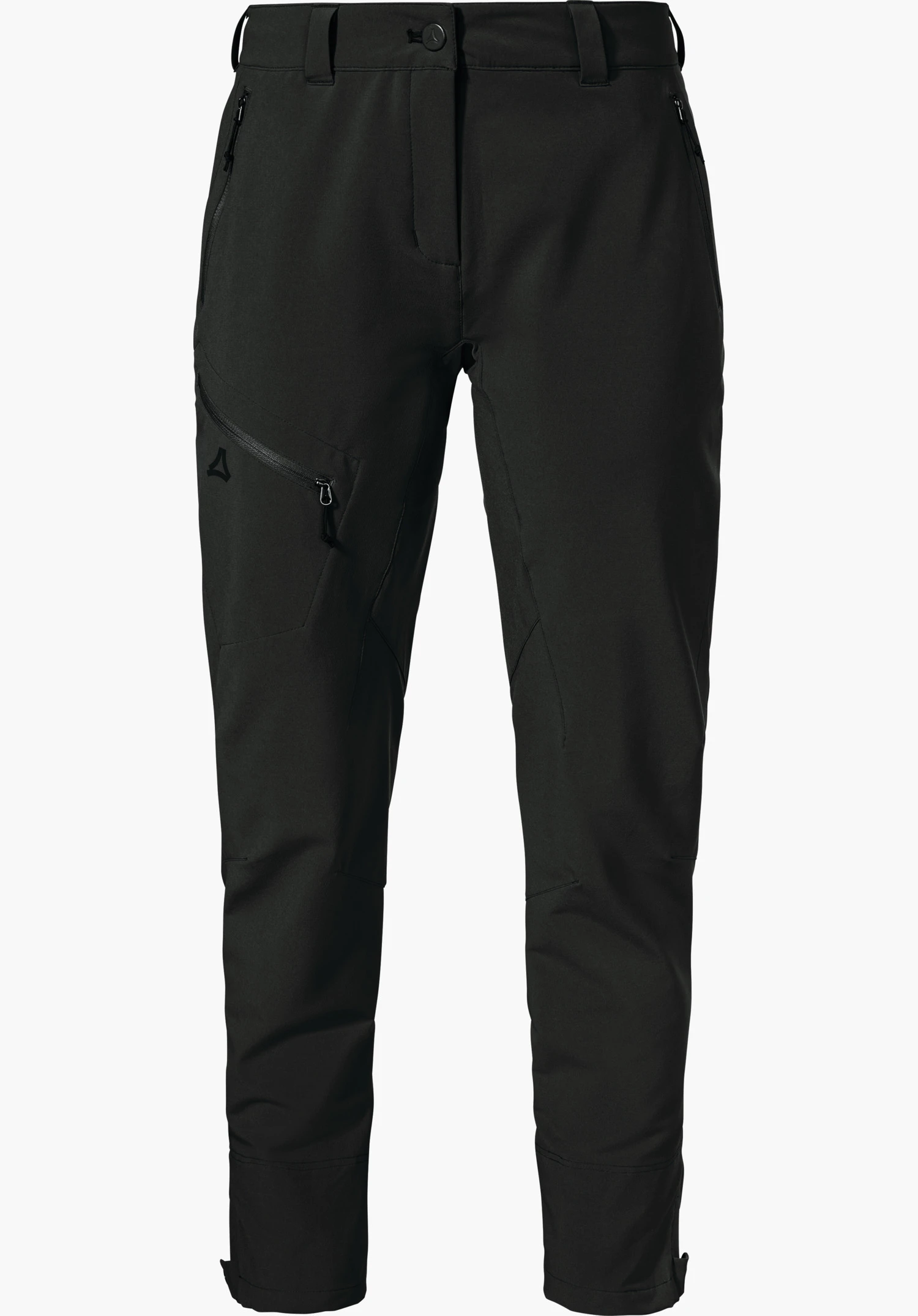 Pants Style Cascata WMS Schwarze Outdoor-Hose, frontseitig abgebildet; mit Reißverschlusstaschen, Bund mit Gürtelschlaufen, schmal zulaufenden Beinen und Schöffel-Logo auf dem Oberschenkel; vor weißem Hintergrund.