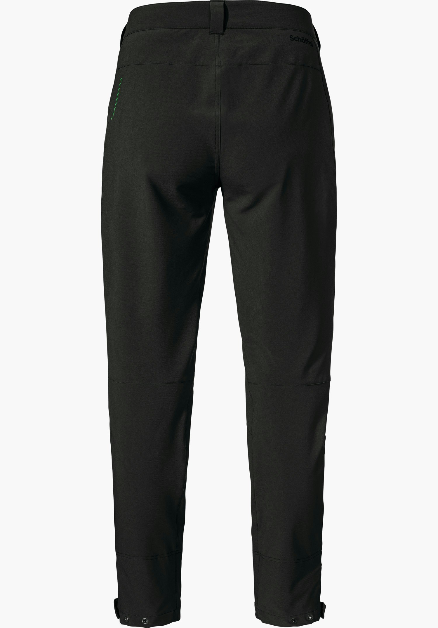 Pants Style Cascata WMS pantalon de randonnée noir, vue arrière, suspendu bien lisse; taille avec inscription "Schöffel"; bas réglables; fond blanc neutre.