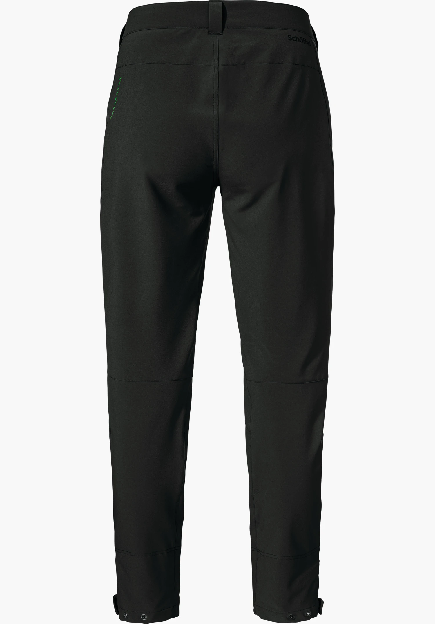 Pants Style Cascata WMS pantalon de randonnée noir, vue arrière, suspendu bien lisse; taille avec inscription "Schöffel"; bas réglables; fond blanc neutre.