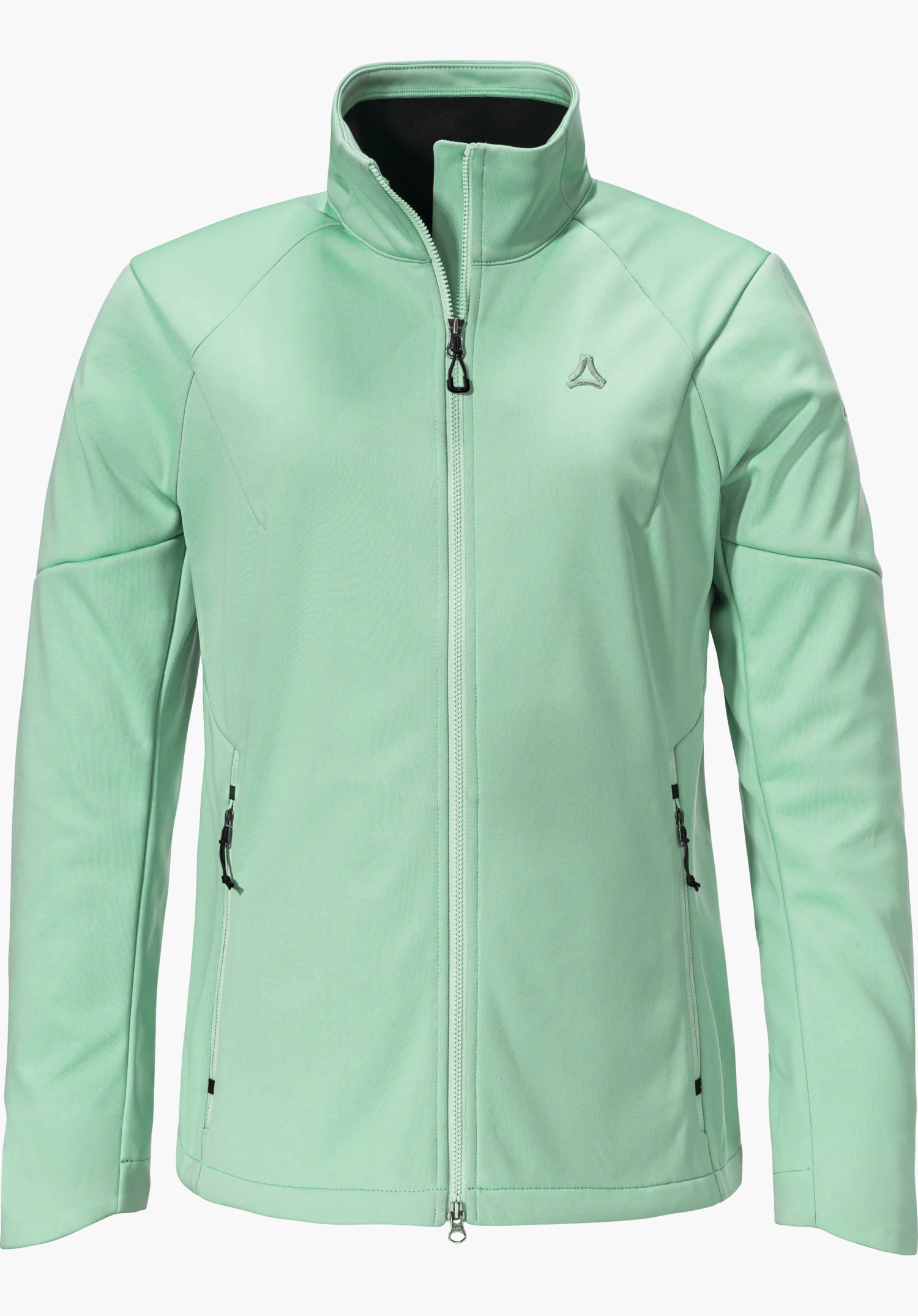 Softshell Jk Style Fracon WMS Hellgrüne Softshelljacke, frontal dargestellt; Reißverschluss geschlossen, hoher Kragen, zwei Seitentaschen mit Zippern, Schöffel-Logo auf linker Brust, weißer Hintergrund.