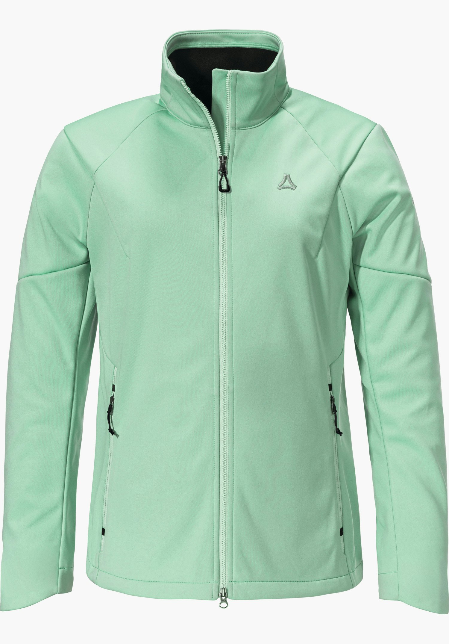 Softshell Jk Style Fracon WMS Hellgrüne Softshelljacke, frontal dargestellt; Reißverschluss geschlossen, hoher Kragen, zwei Seitentaschen mit Zippern, Schöffel-Logo auf linker Brust, weißer Hintergrund.