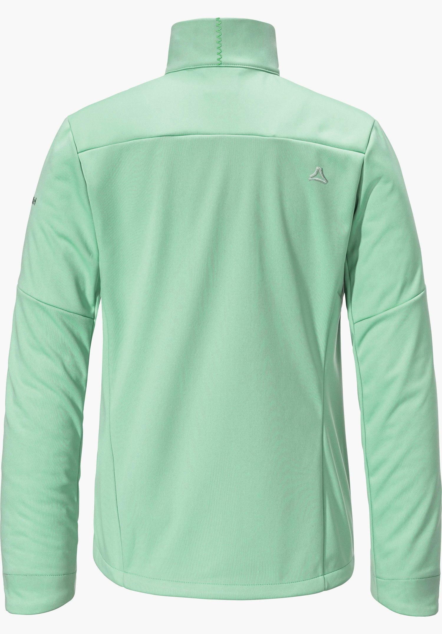 Softshell Jk Style Fracon WMS hellgrüne Jacke, von hinten dargestellt, liegt flach vor weißem Hintergrund; Schöffel-Logo auf rechter oberer Rückenpartie.