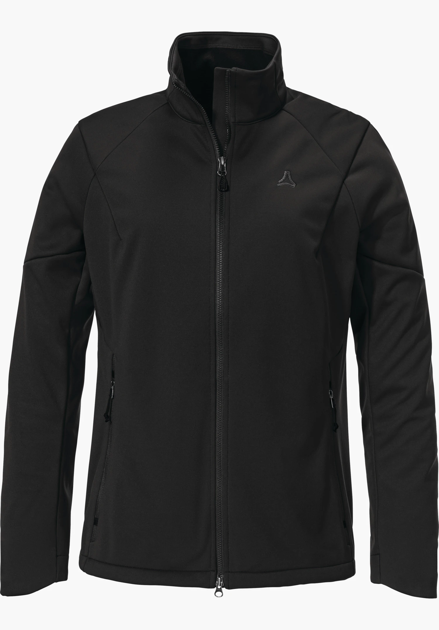 Softshell Jk Style Fracon WMS Schwarze Softshelljacke, komplett zugezippt, Stehkragen, Schöffel-Logo auf der linken Brust, zwei seitliche Reißverschlusstaschen, schlichte Silhouette vor weißem Hintergrund.