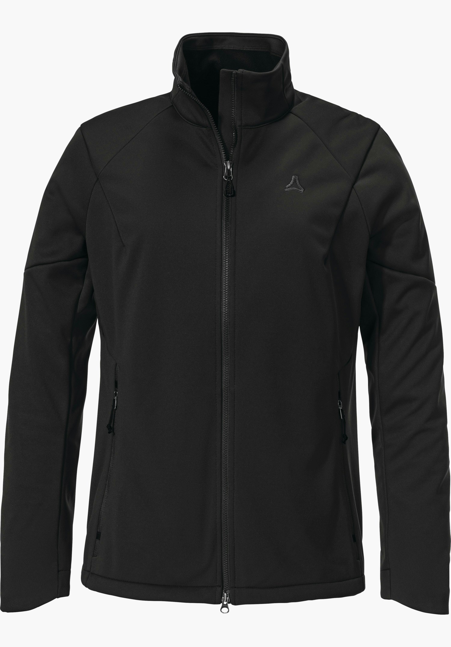 Softshell Jk Style Fracon WMS Schwarze Softshelljacke, komplett zugezippt, Stehkragen, Schöffel-Logo auf der linken Brust, zwei seitliche Reißverschlusstaschen, schlichte Silhouette vor weißem Hintergrund.
