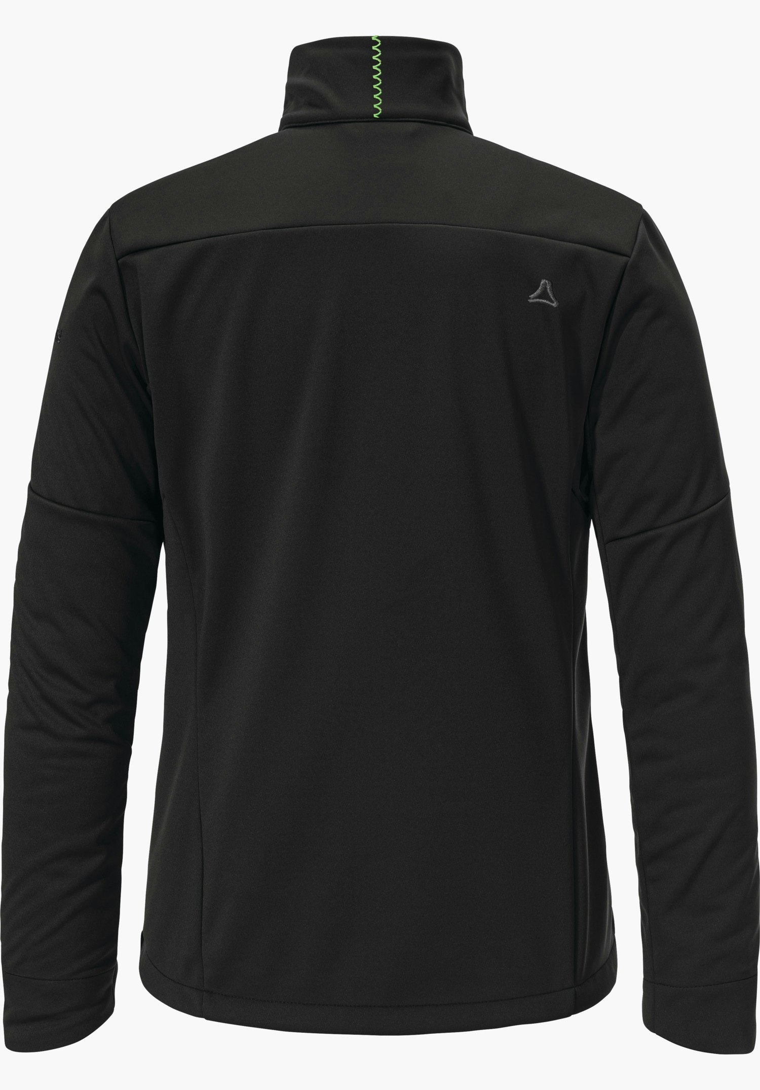 Softshell Jk Style Fracon WMS Jacke, schwarz, von hinten dargestellt; mittelhoher Kragen mit hellgrüner Ziernaht; rechte obere Rückenpartie mit Schöffel-Logo; lange Ärmel, vor neutralem hellem Hintergrund.