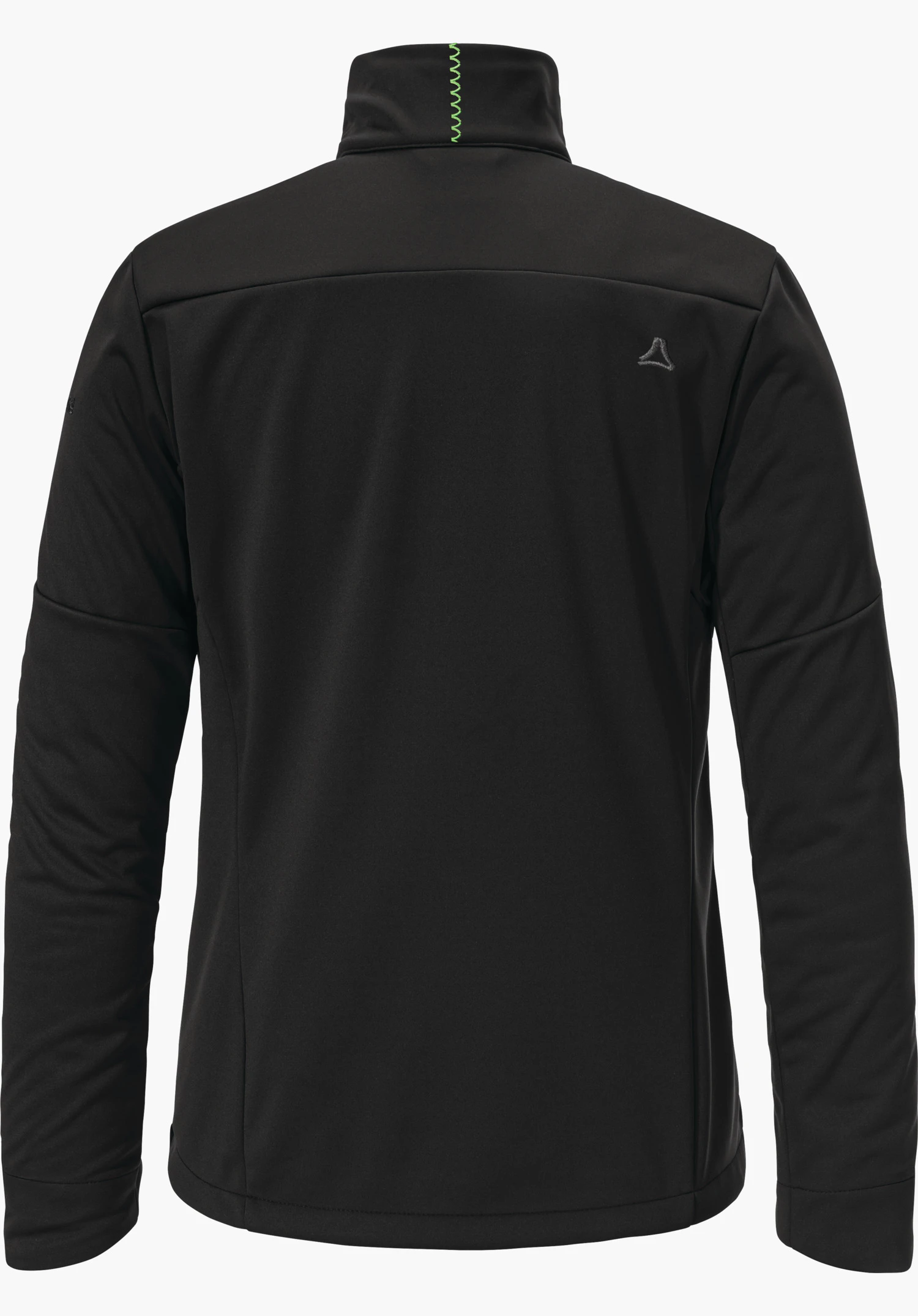 Softshell Jk Style Fracon WMS Zwarte jas, achteraanzicht; middelhoge kraag met lichtgroen sierstiksel; Schöffel-logo rechtsboven op de rug; lange mouwen; neutrale lichte achtergrond.