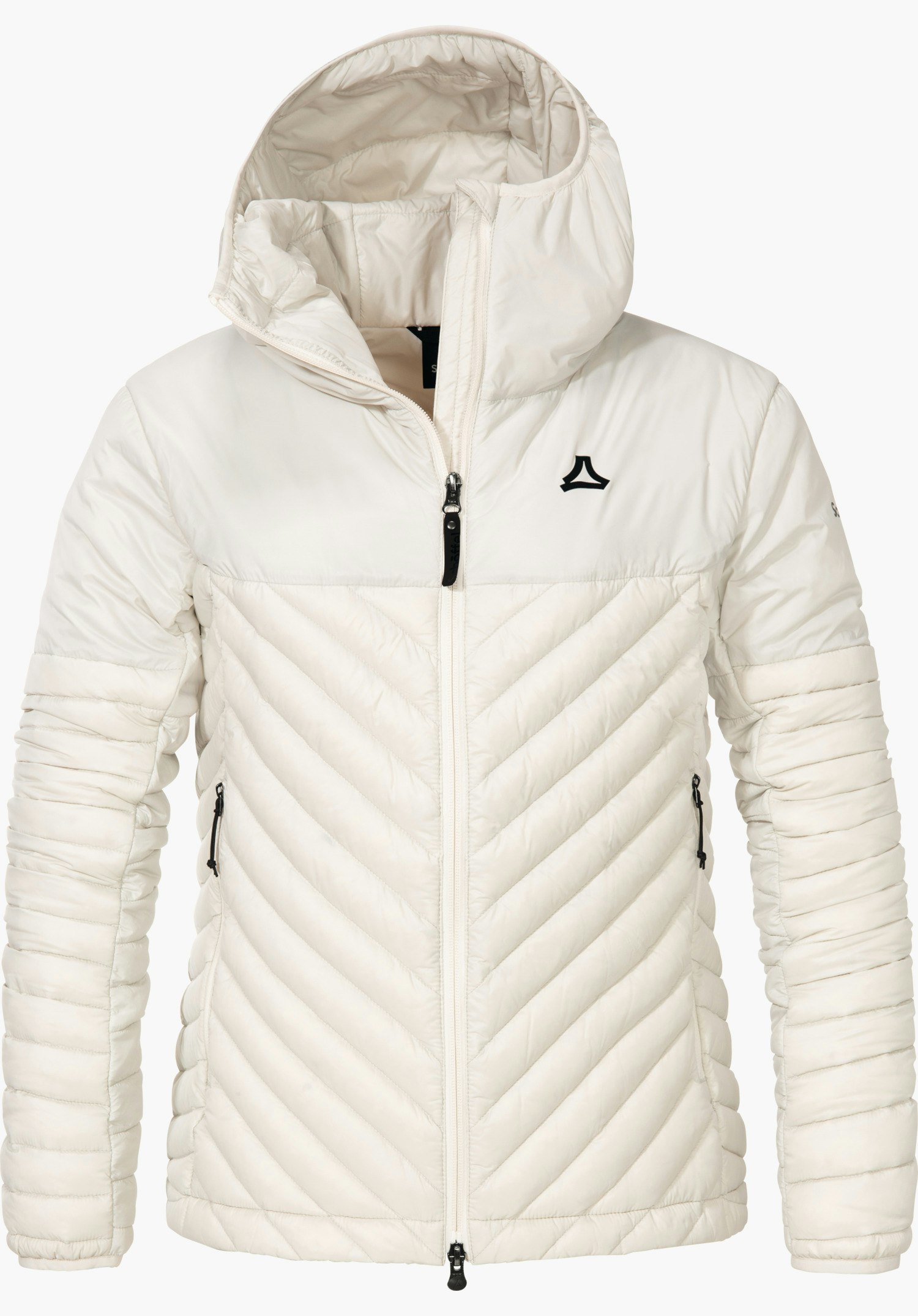Down Jacket Style Cascata WMS white padded hooded jacket, front zipped up; Schöffel logo on the left chest; V-shaped quilting, two side zip pockets; white background.