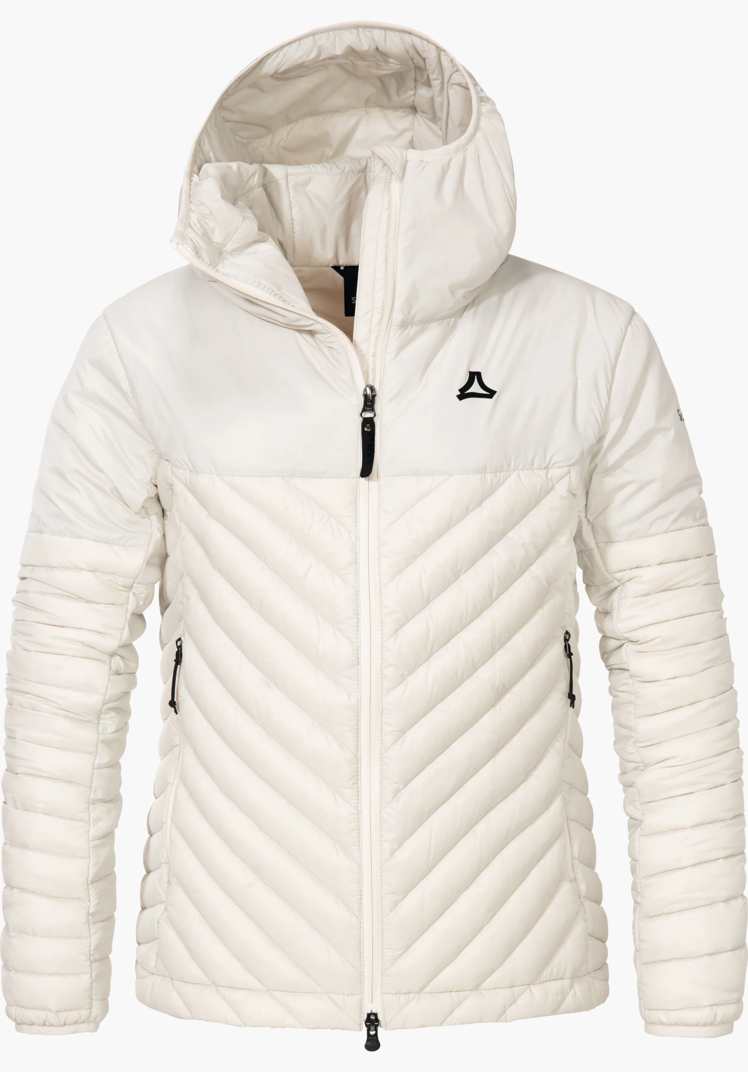 Down Jacket Style Cascata WMS white padded hooded jacket, front zipped up; Schöffel logo on the left chest; V-shaped quilting, two side zip pockets; white background.