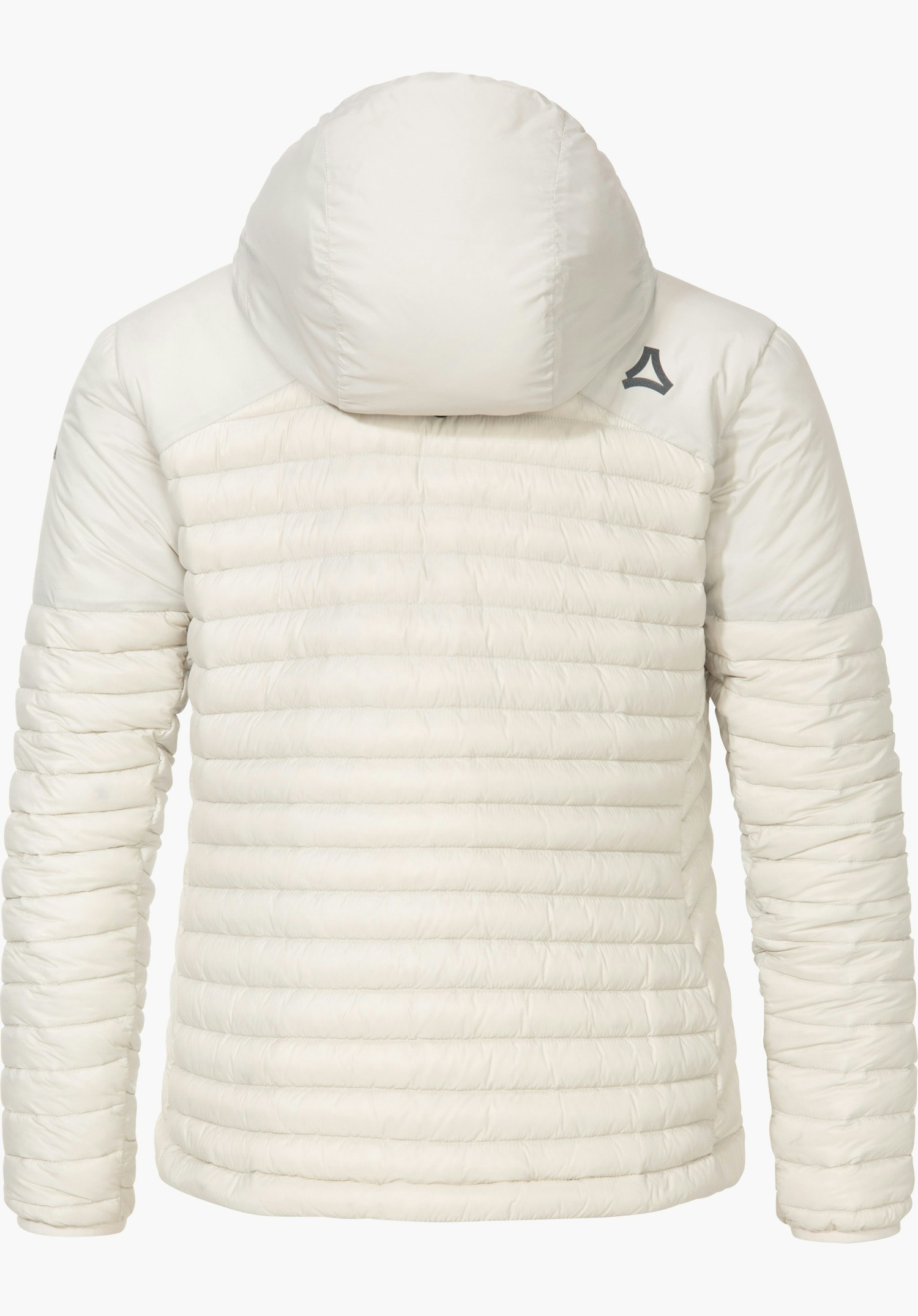 Down Jacket Style Cascata WMS Weiße gesteppte Daunenjacke, Rückenansicht, mit Kapuze; horizontale Steppung über Rücken und Ärmeln; leicht geraffte Ärmelabschlüsse; Schöffel-Logo auf rechter Schulter; neutraler heller Hintergrund.