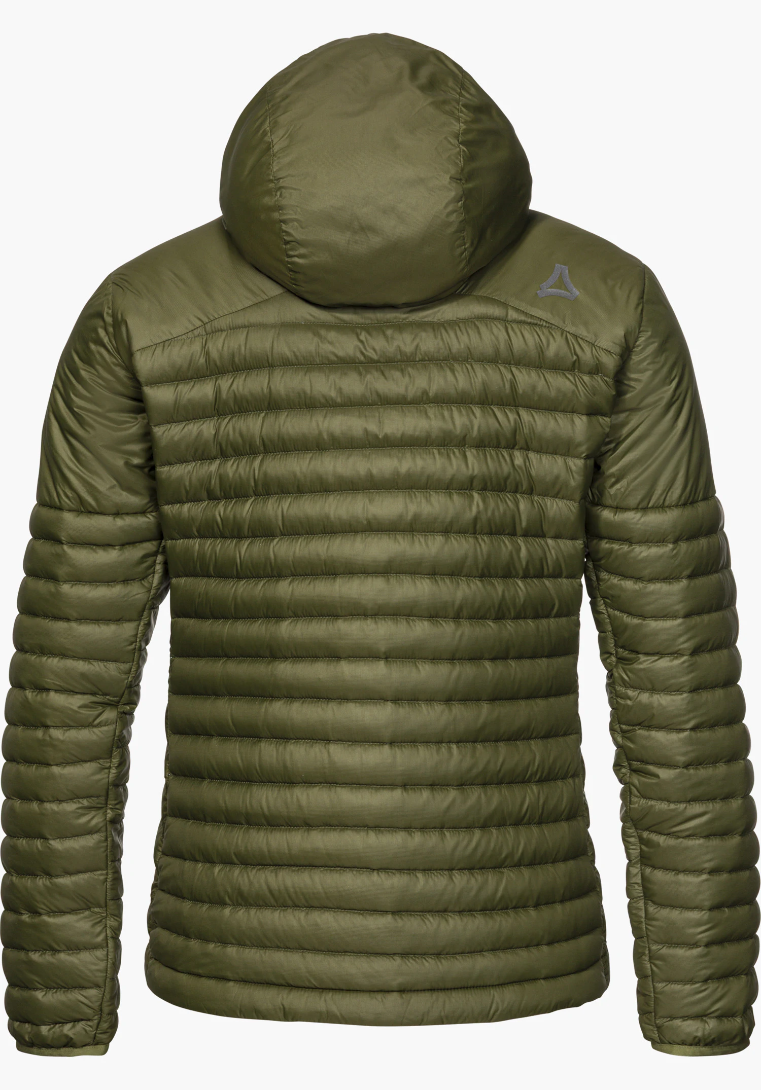Down Jacket Style Cascata WMS donsjack in groen, achteraanzicht met capuchon en reflecterend Schöffel-logo op de rechterschouder, vrijstaand op een witte achtergrond.