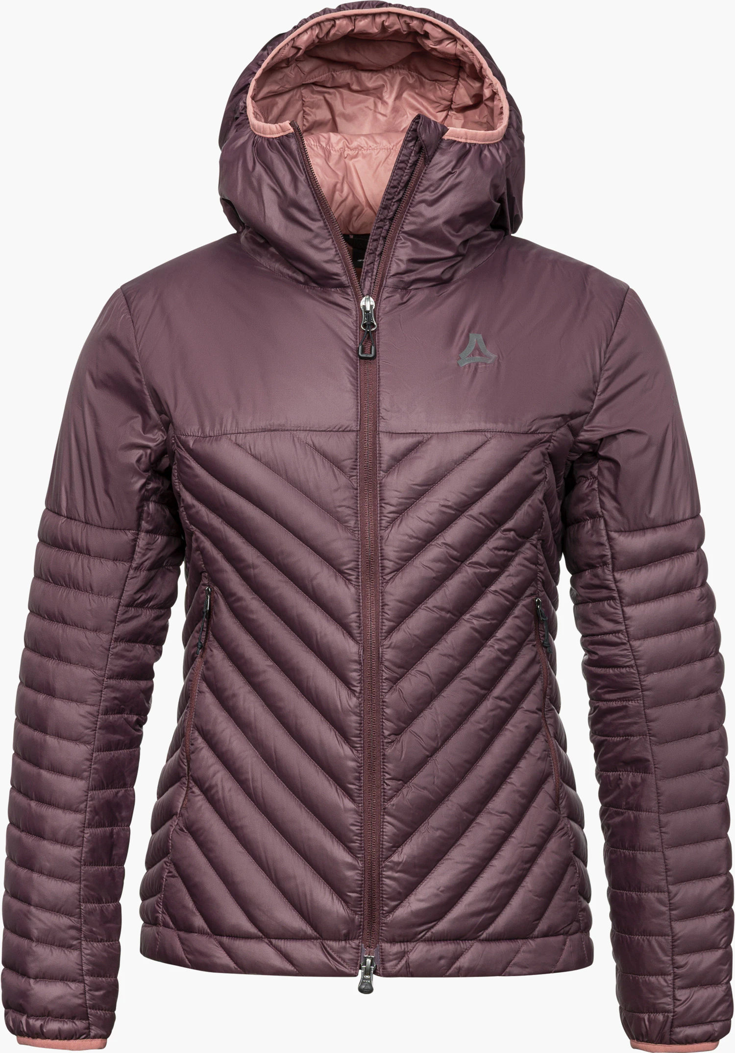 Down Jacket Style Cascata WMS down jacket in purple with a hood, quilted design, zipper and Schöffel logo, shown from the front and isolated on a white background.