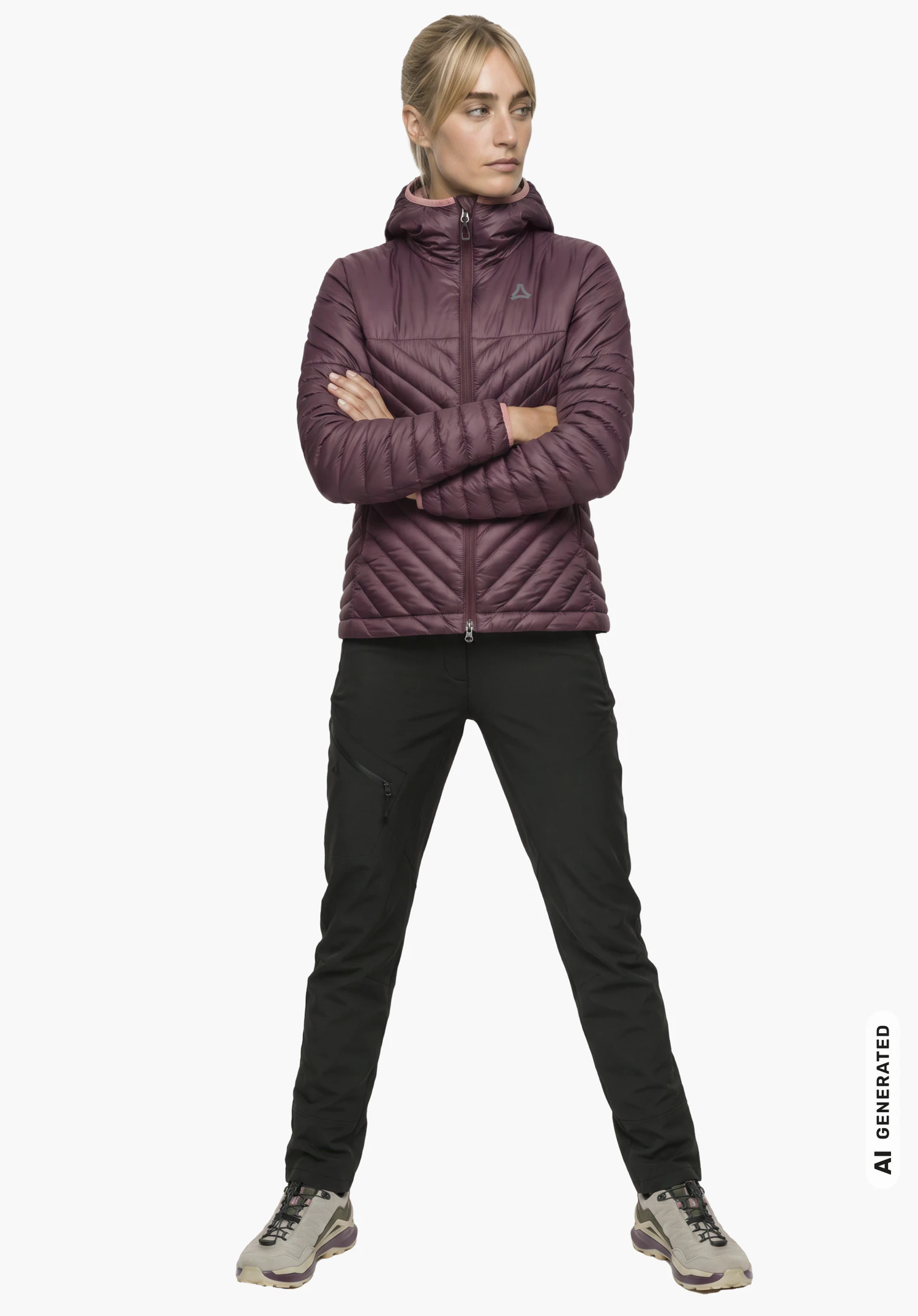 Down Jacket Style Cascata WMS in paars met Schöffel-logo, gedragen door een vrouwelijk model met gekruiste armen in zijaanzicht tegen een witte achtergrond. (Door AI gegenereerd)