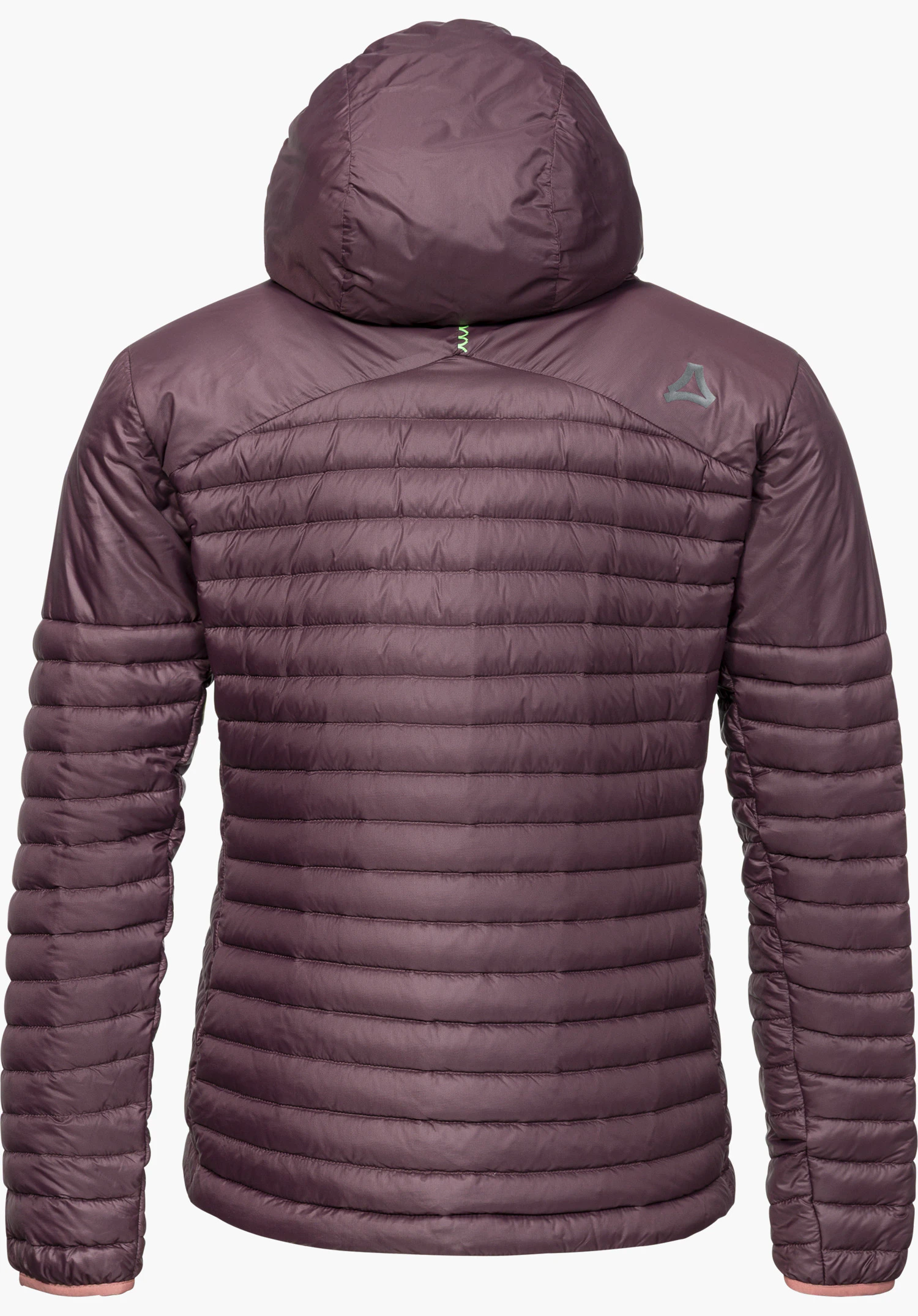 Down Jacket Style Cascata WMS donsjack in paars, achteraanzicht met capuchon en reflecterend Schöffel-logo, vrijstaand op een witte achtergrond.
