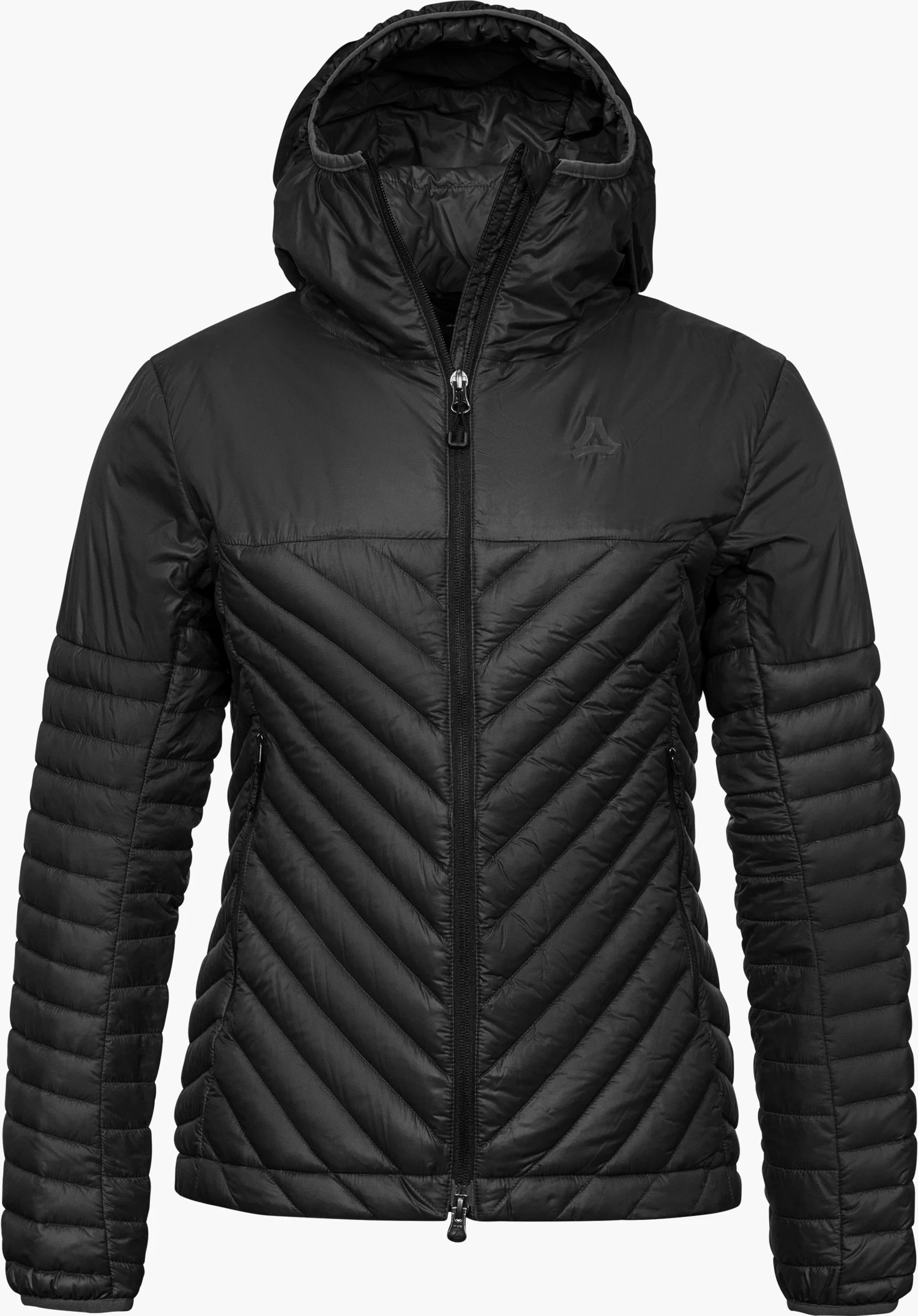 Down Jacket Style Cascata WMS down jacket in black, shown from the front with a hood, full-length zipper and tonal Schöffel logo on the chest, isolated on a white background.