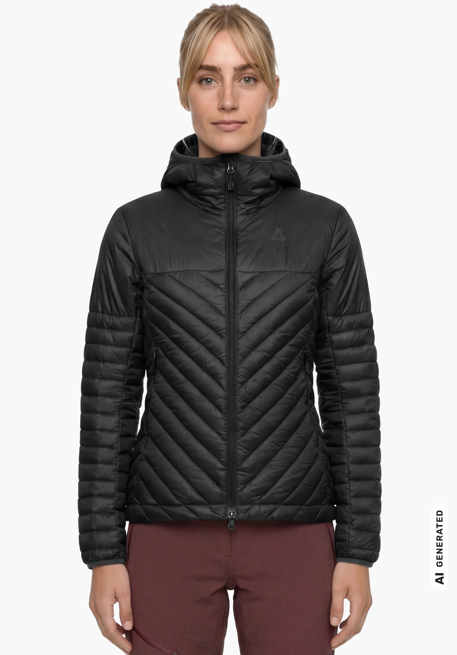 Down Jacket Style Cascata WMS in black with visible Schöffel logo, worn by a female model standing upright and shown from the front with arms hanging down and the hood closed against a white background. (AI-generated)