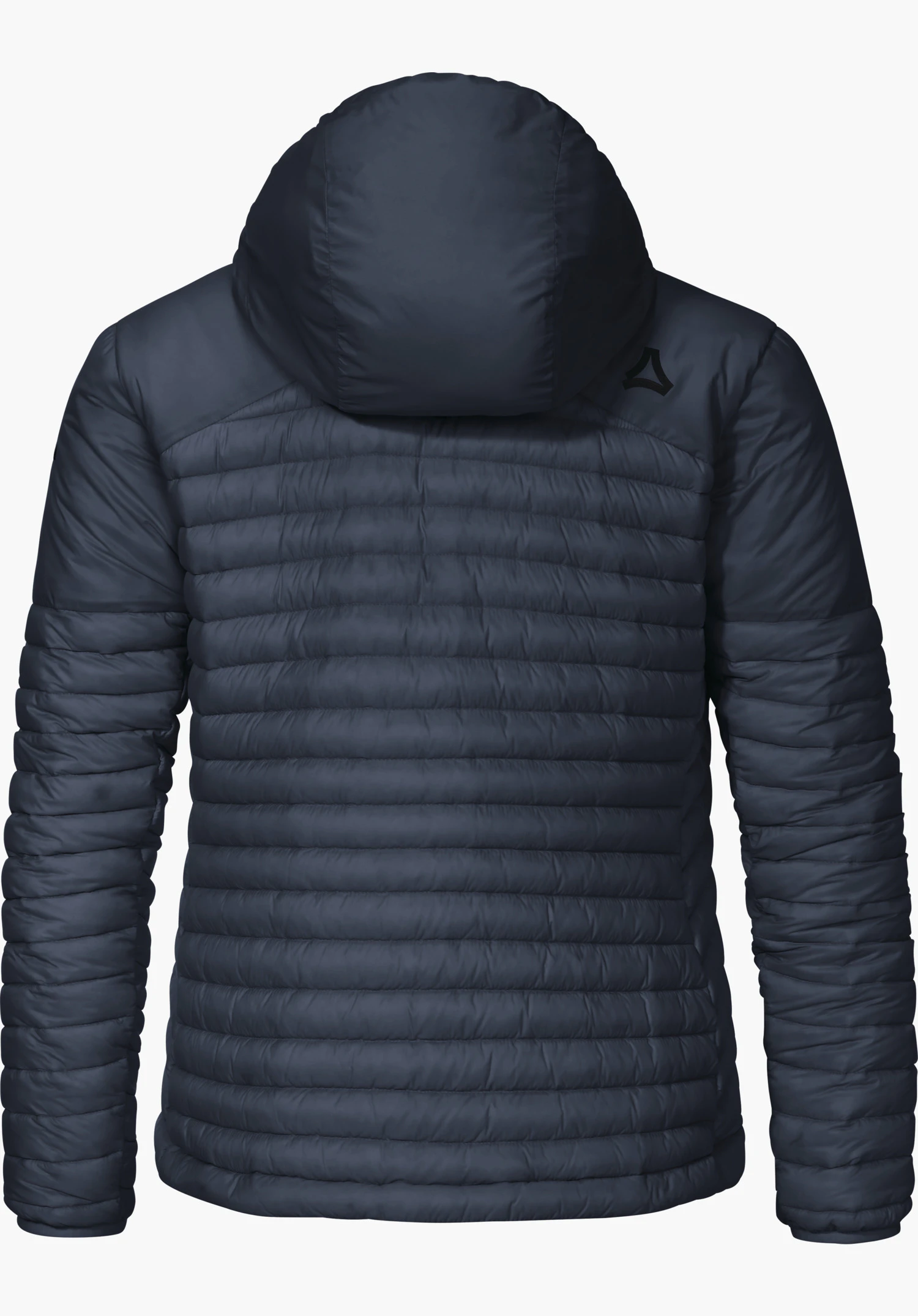 Down Jacket Style Cascata WMS Donkerblauwe gewatteerde jas met capuchon, achteraanzicht; licht gevoerd, horizontale stiknaden; neutrale witte achtergrond; Schöffel-logo op rechterschouder.