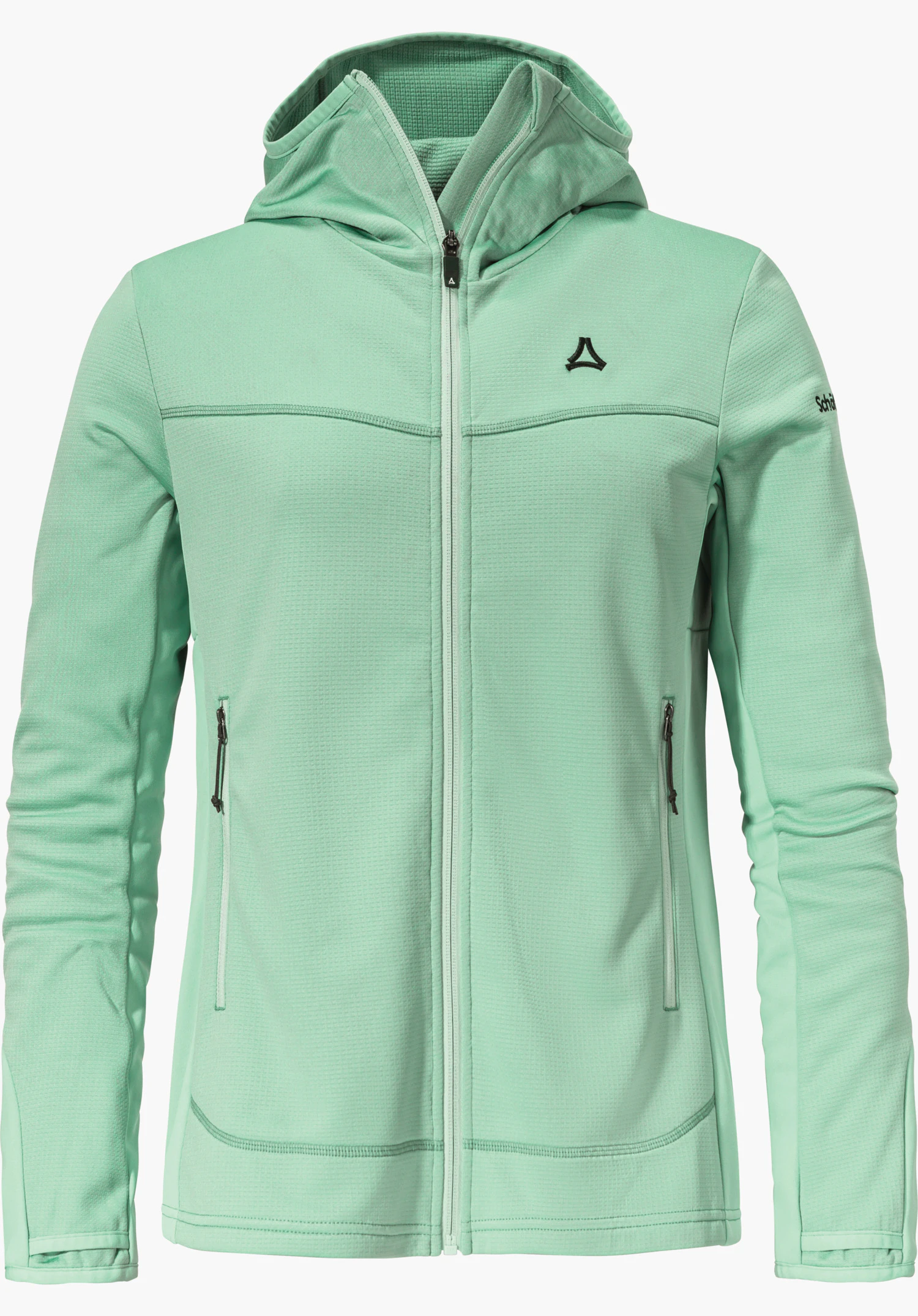 Fleece Hoody Style Milagle WMS veste polaire vert clair à capuche, fermeture éclair frontale fermée, deux poches zippées; logo Schöffel sur la poitrine, inscription « Schöffel » sur une manche; détourée sur fond blanc.