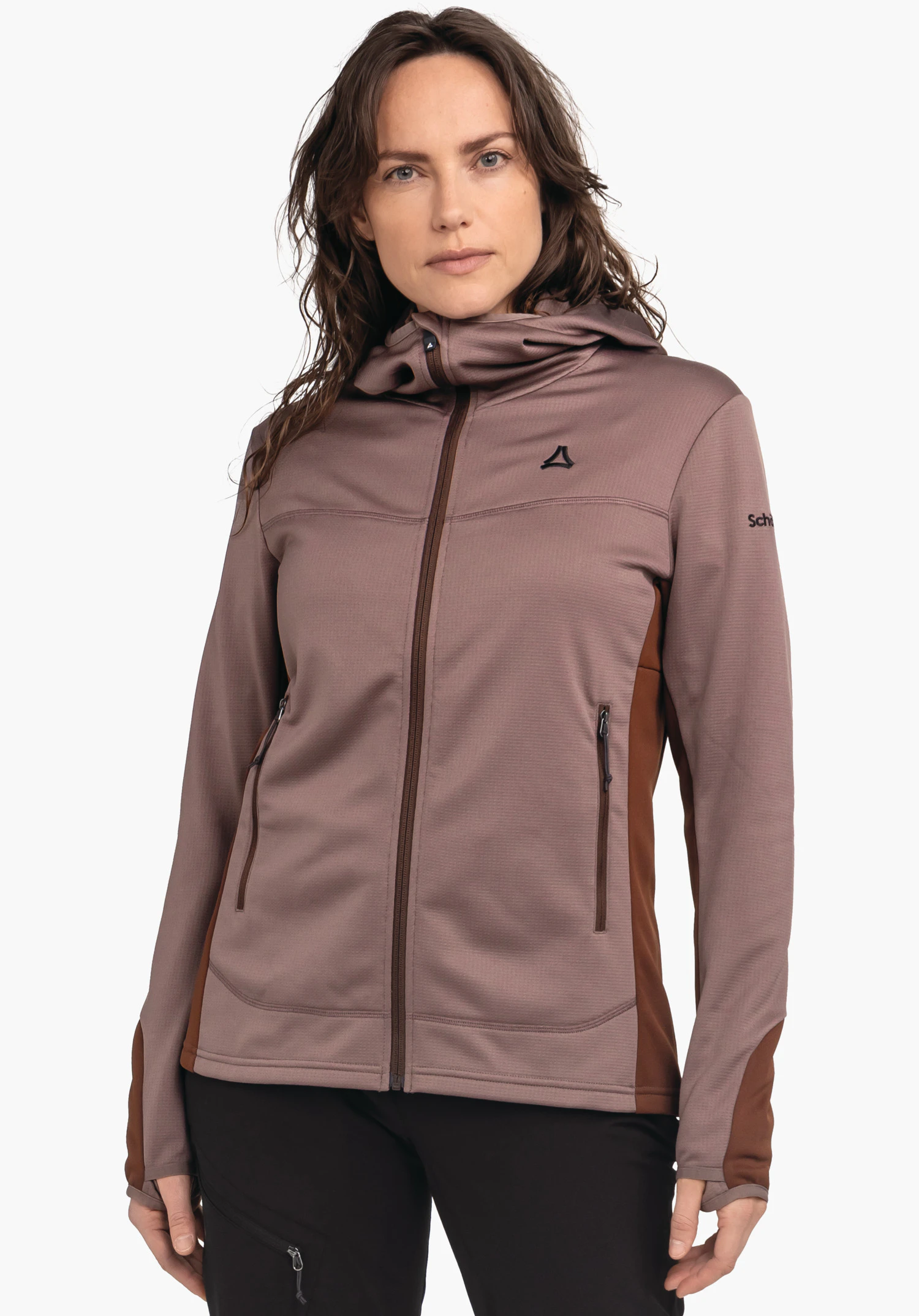 Fleece Hoody Style Milagle WMS dark purple hooded jacket worn front-facing by a woman; Schöffel logo on the chest; “Schöffel” lettering on the sleeve; standing pose against a light background.