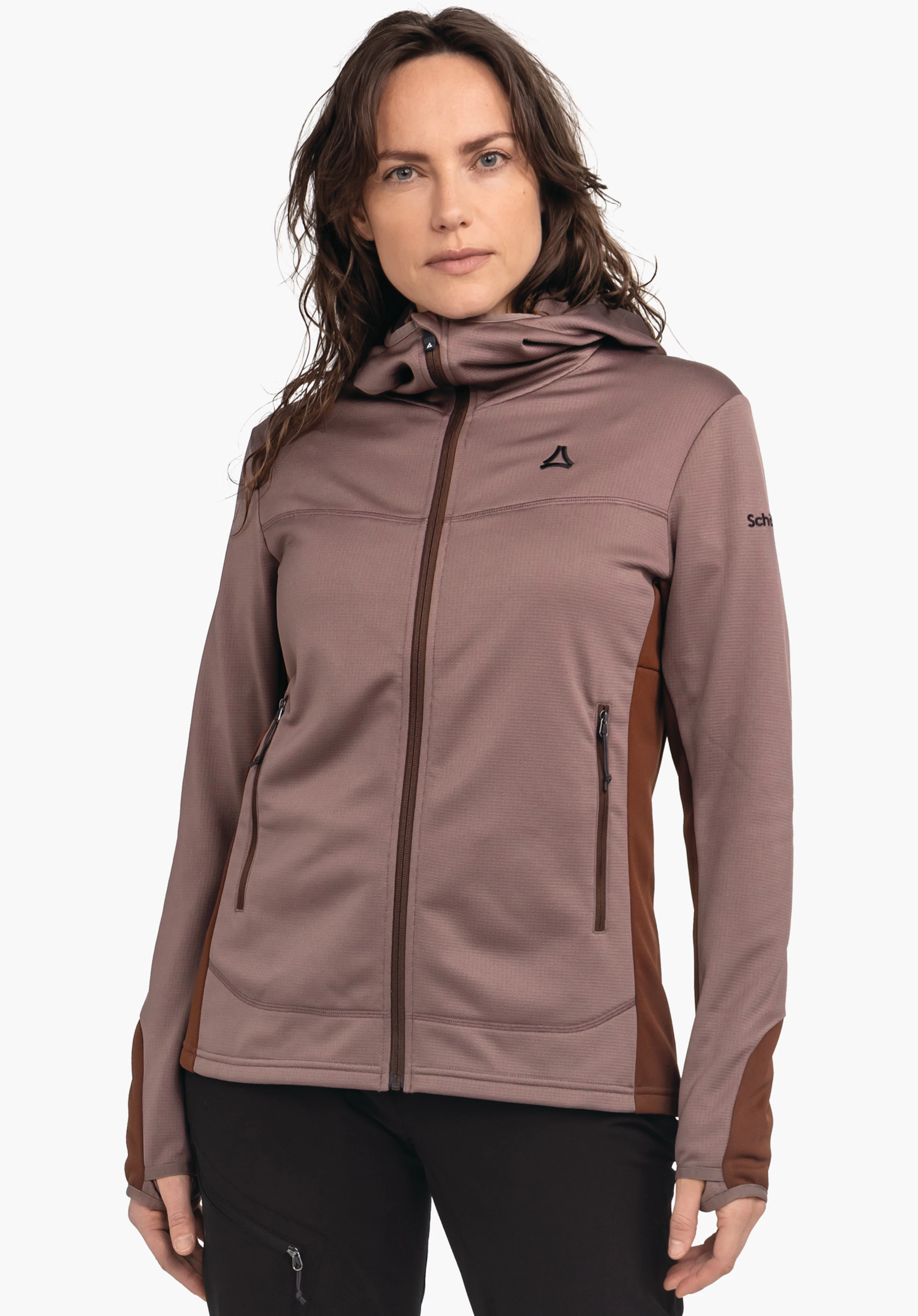 Fleece Hoody Style Milagle WMS dark purple hooded jacket worn front-facing by a woman; Schöffel logo on the chest; “Schöffel” lettering on the sleeve; standing pose against a light background.