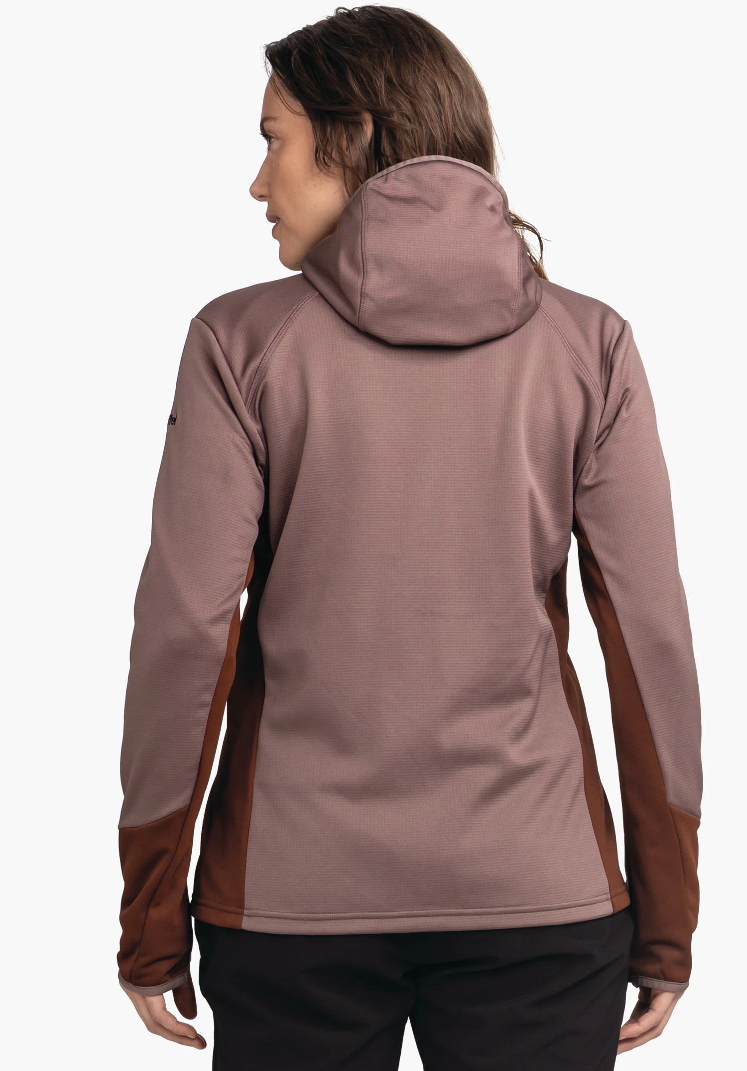 Fleece Hoody Style Milagle WMS light red hooded jacket worn from the back by a standing person; hood on, dark orange side panels; neutral white background.