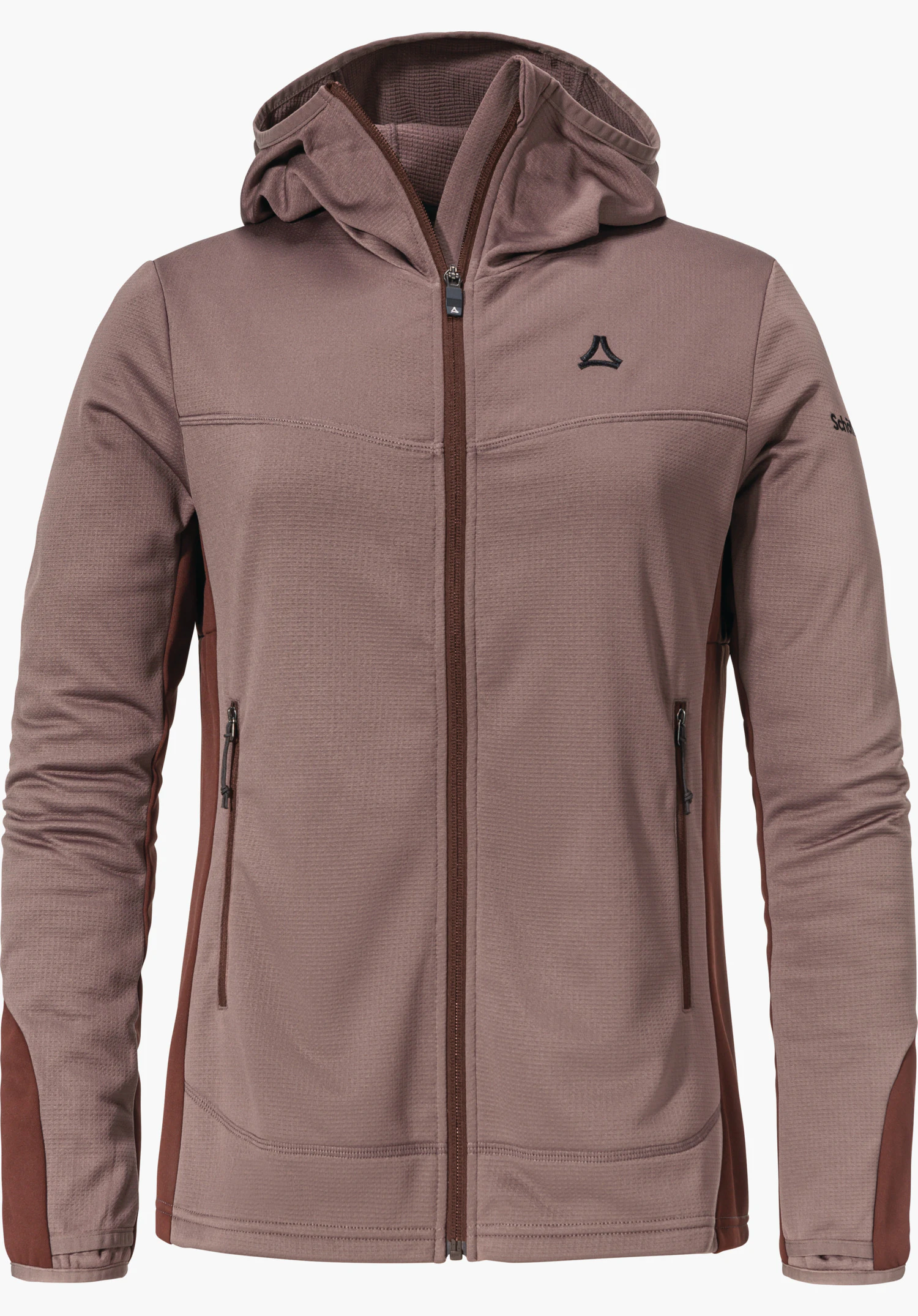 Fleece Hoody Style Milagle WMS purple fleece jacket with zip; closed, hood raised; Schöffel logo on the chest; plain design on a white background. Text: “Schöffel”.