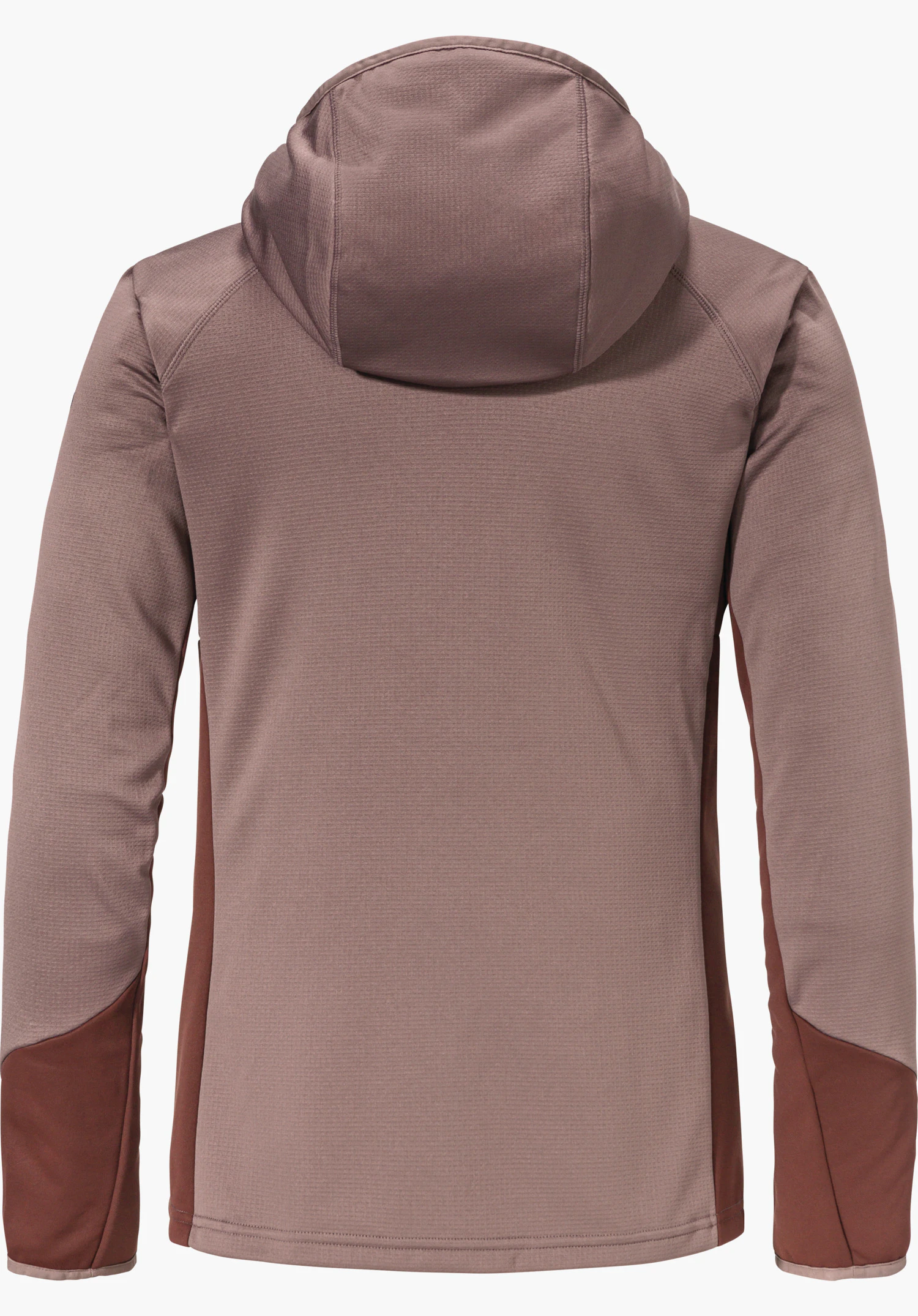 Fleece Hoody Style Milagle WMS hooded jacket, rear view, lying flat; hood upright, sleeves extended; plain purple with darker red side panels and elbow patches; white background.