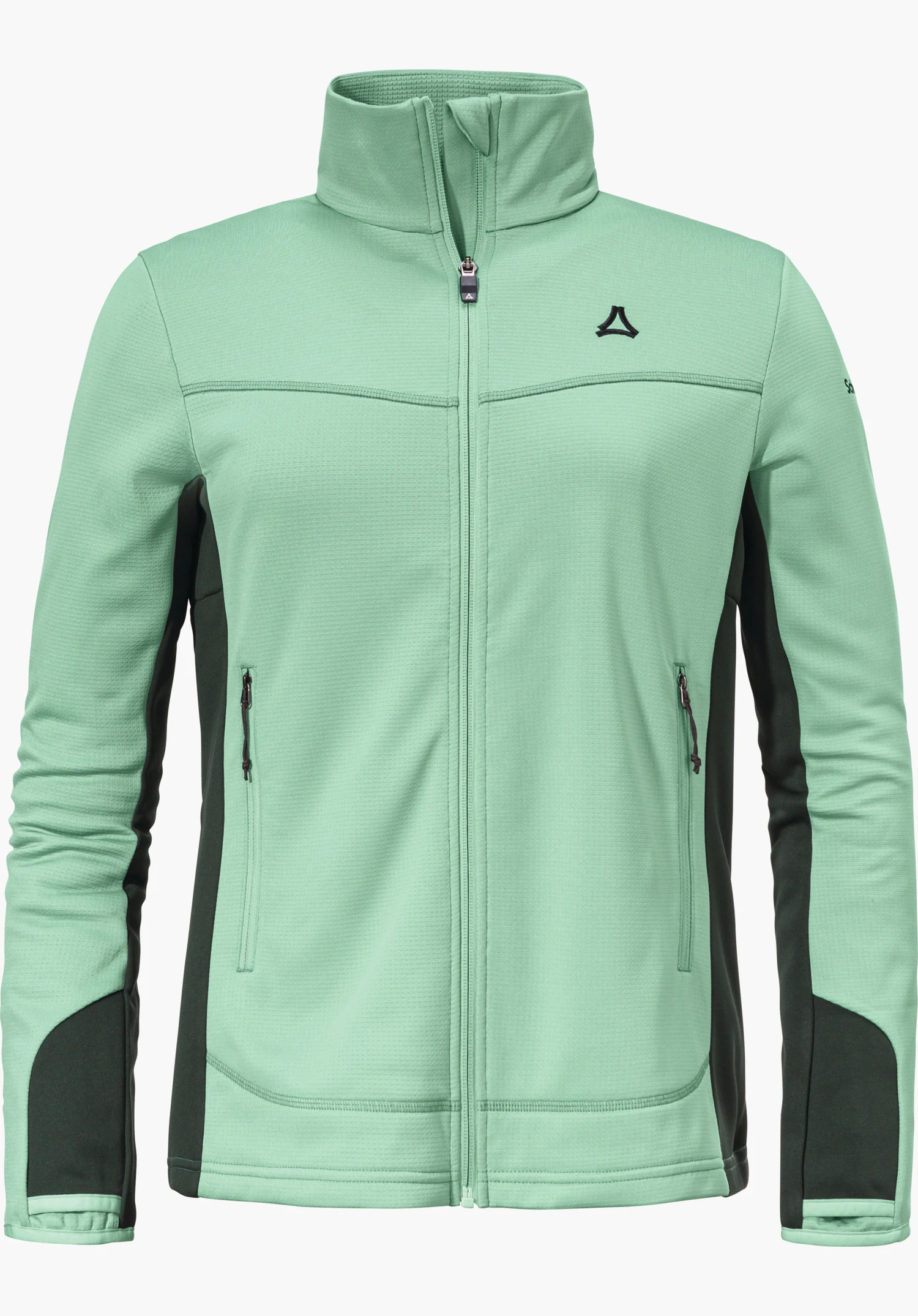 Fleece Jk Style Milagle WMS veste polaire vert clair avec fermeture éclair fermée; panneaux latéraux et renforts coudes vert foncé; logo Schöffel sur la poitrine; fond blanc.