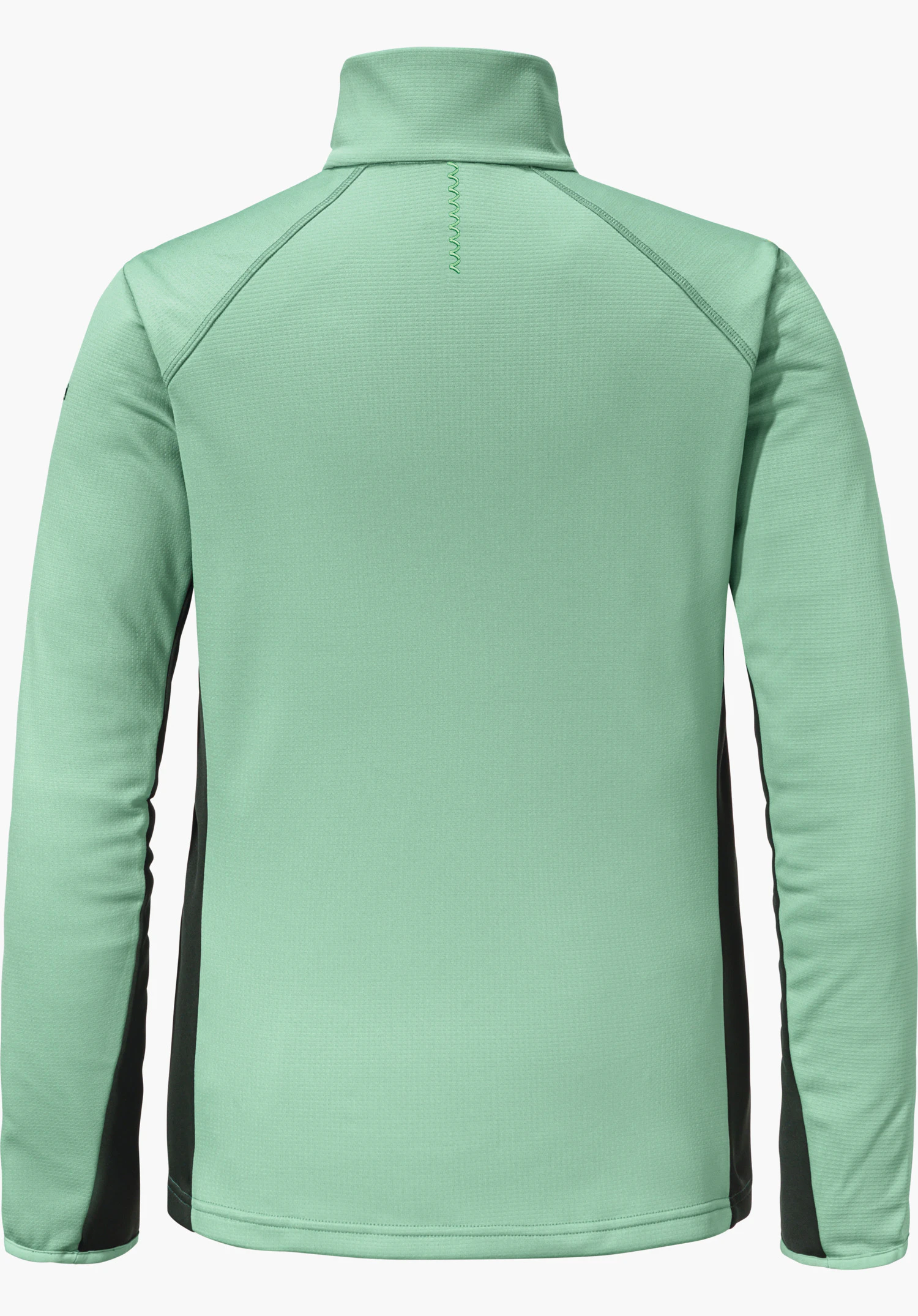 Fleece Jk Style Milagle WMS Veste polaire vert clair, vue de dos; col montant, manches longues, inserts latéraux noirs et coutures décoratives, fond blanc neutre.