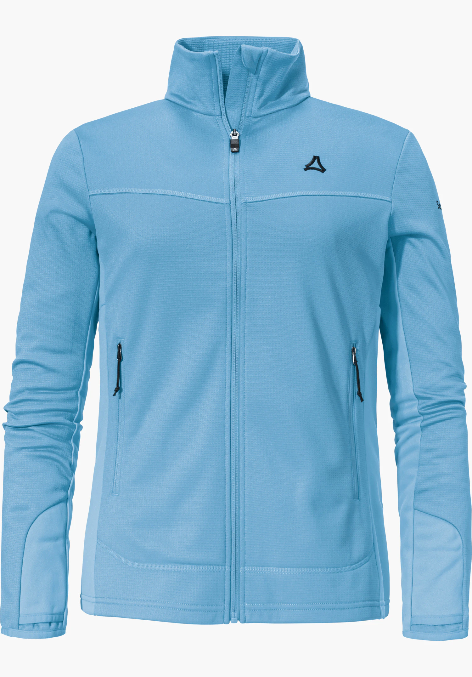 Fleece Jk Style Milagle WMS veste polaire bleu clair, fermeture éclair fermée, deux poches latérales zippées, logo Schöffel noir sur la poitrine; présentée de face sur fond blanc.