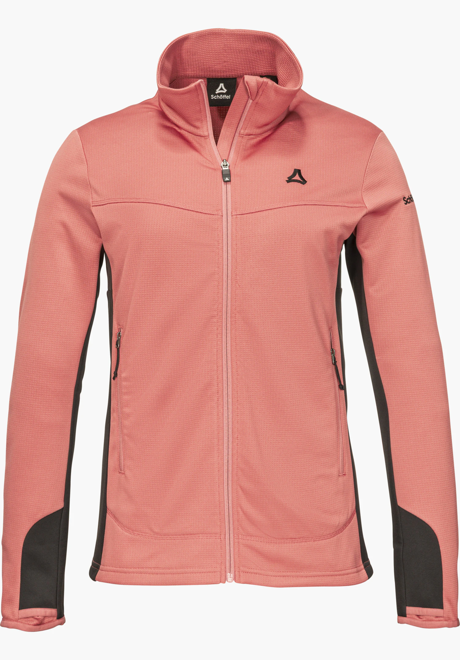 Fleece Jk Style Milagle WMS fleece jacket in pink with a stand-up collar, front zipper, contrasting black panels on the sides and sleeves, zippered pockets, Schöffel logo on the chest and Schöffel lettering on the left upper arm, isolated on a white background.