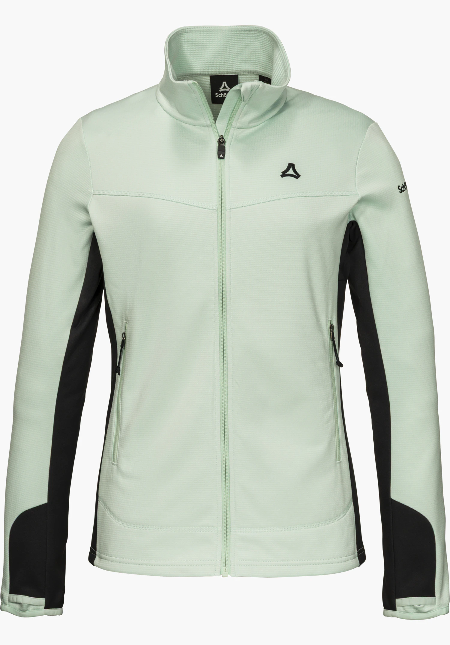 Fleece Jk Style Milagle WMS fleece jacket in green with a full-length zipper, stand-up collar, black side panels, zippered pockets and black Schöffel logo on the chest, isolated on a white background.