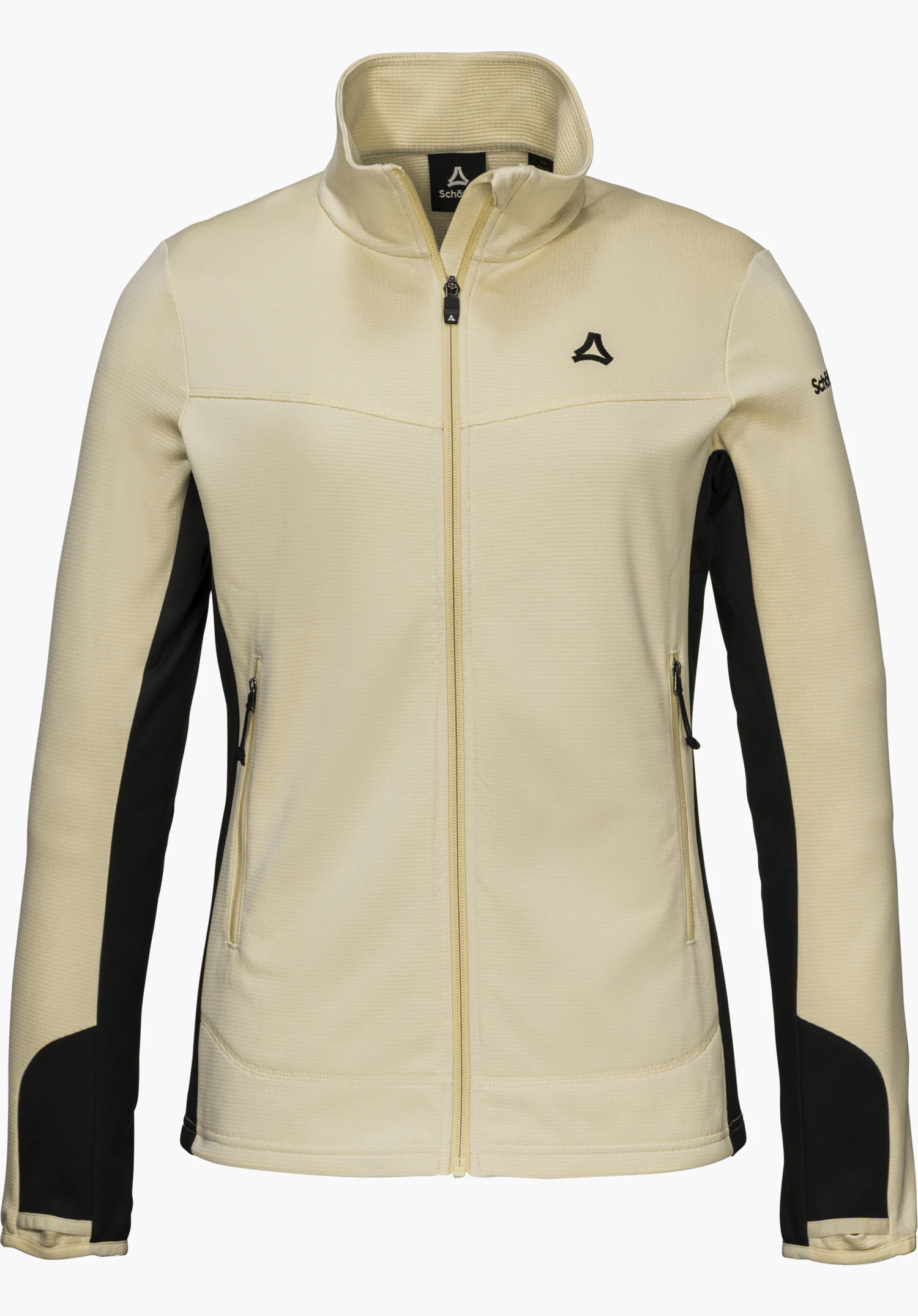 Fleece Jk Style Milagle WMS fleece jacket in beige with a stand-up collar, full-length zipper, contrasting black side panels, visible Schöffel logo and Schöffel lettering, isolated on a white background.