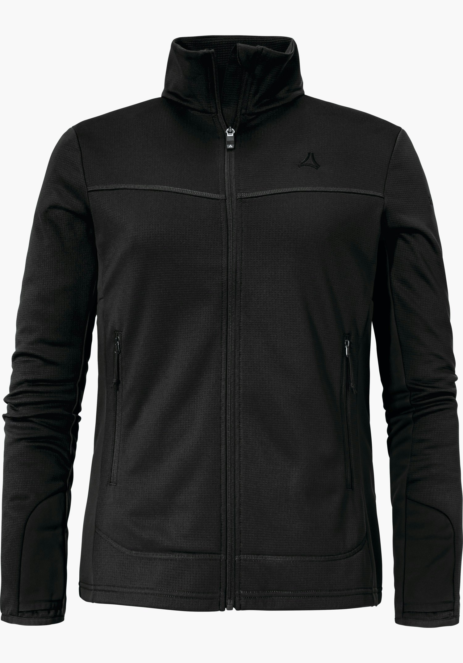 Fleece Jk Style Milagle WMS veste polaire noire, fermeture éclair fermée, présentée de face; logo Schöffel sur la poitrine; deux poches zippées, col montant et manches longues; détourée sur fond blanc.