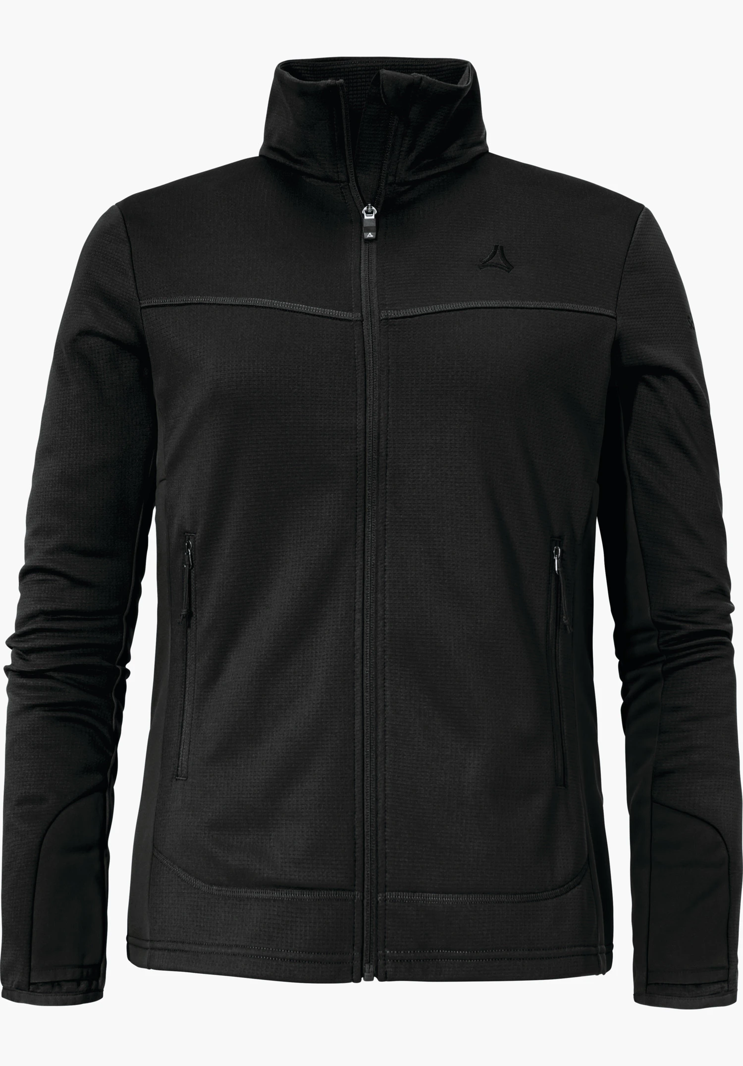 Fleece Jk Style Milagle WMS black fleece jacket, zip closed, front view; Schöffel logo on the chest; two zip pockets, stand-up collar and long sleeves; isolated on a white background.