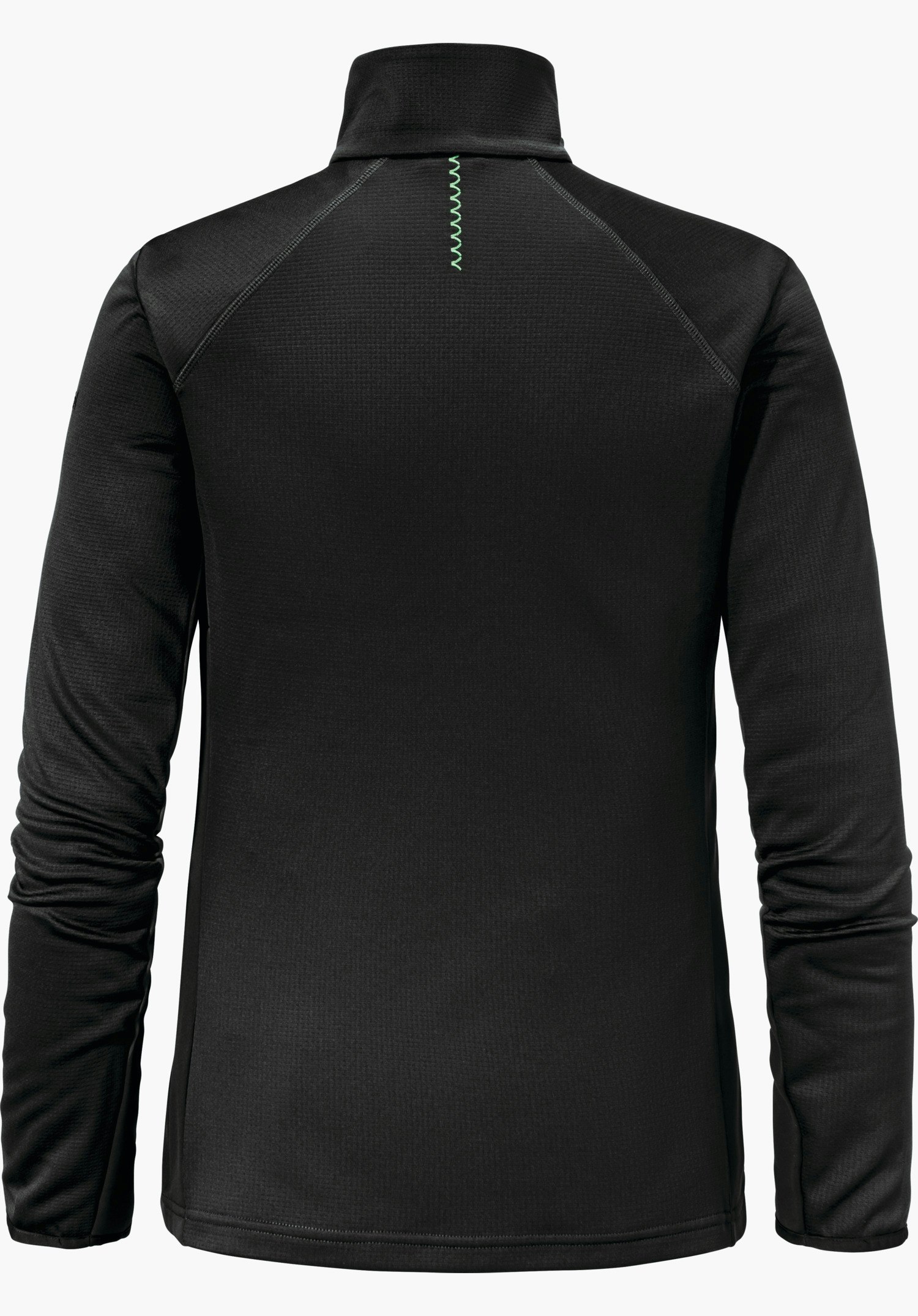 Fleece Jk Style Milagle WMS Veste polaire noire foncée, vue de dos; à plat, col montant, manches longues avec plis, surpiqûre vert clair en haut au centre, fond blanc lisse.