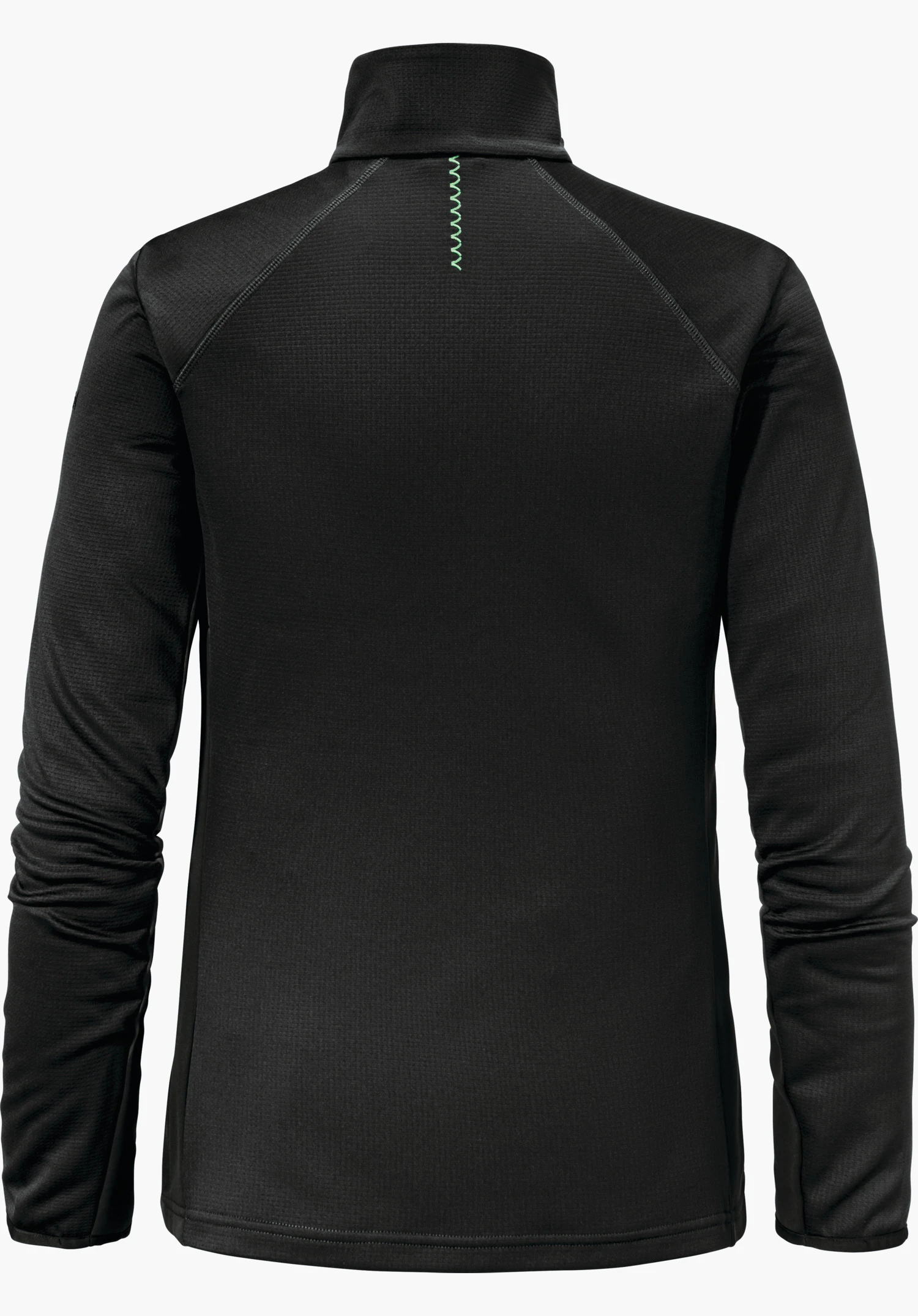 Fleece Jk Style Milagle WMS Veste polaire noire foncée, vue de dos; à plat, col montant, manches longues avec plis, surpiqûre vert clair en haut au centre, fond blanc lisse.