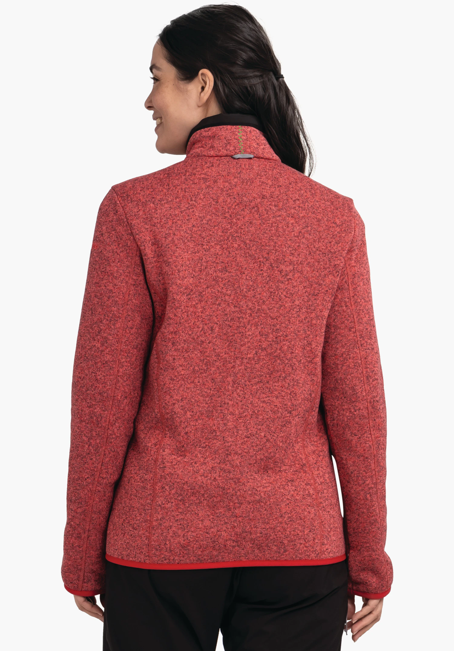 CIRC Fleece Jk Style Yew WMS veste polaire rose, portée par une femme regardant vers la droite, vue arrière; logo Schöffel visible au col; fond studio blanc.