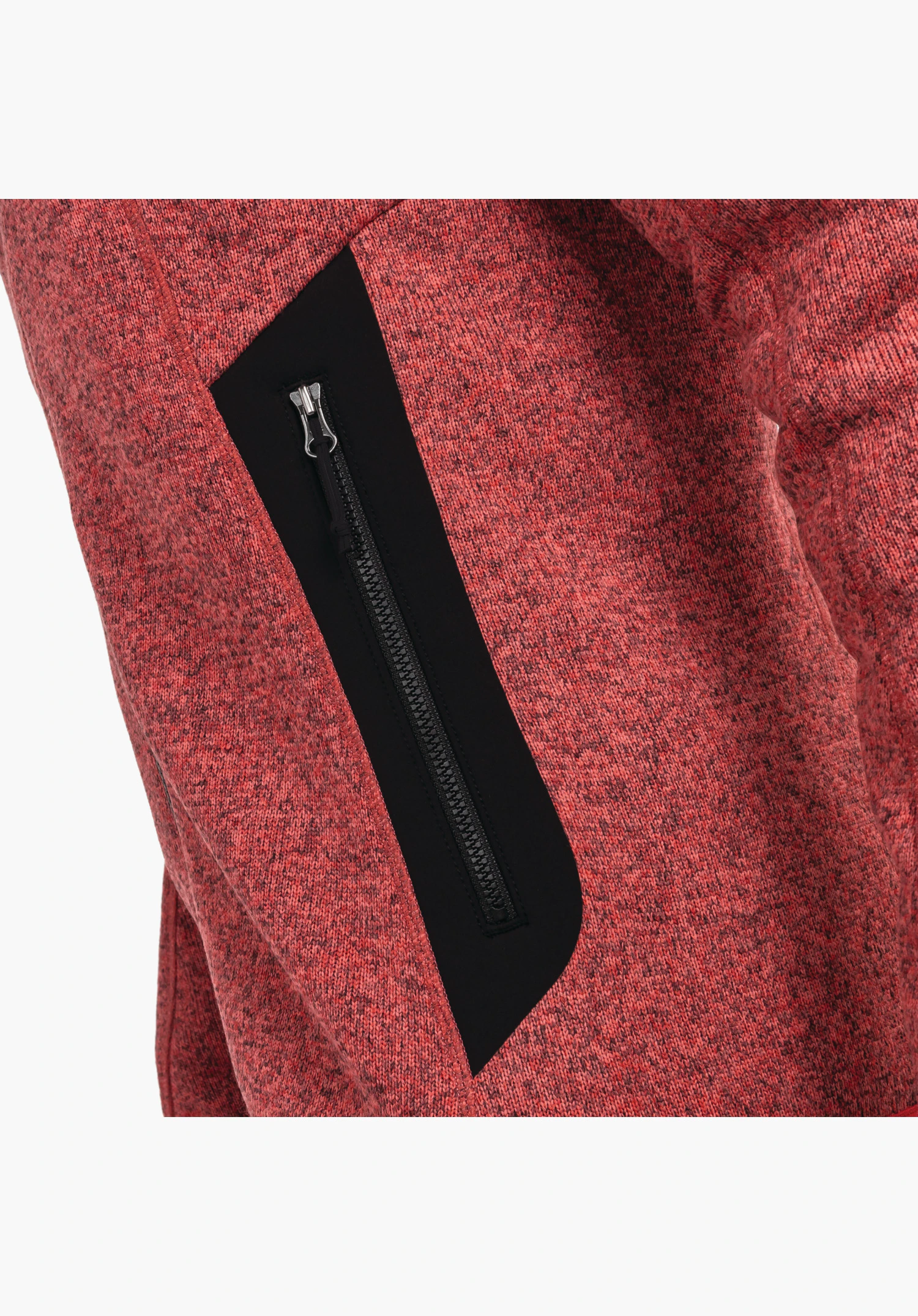 CIRC Fleece Jk Style Yew WMS montrant une poche de manche noire zippée sur la polaire chinée rose, gros plan sur fond blanc/neutre.
