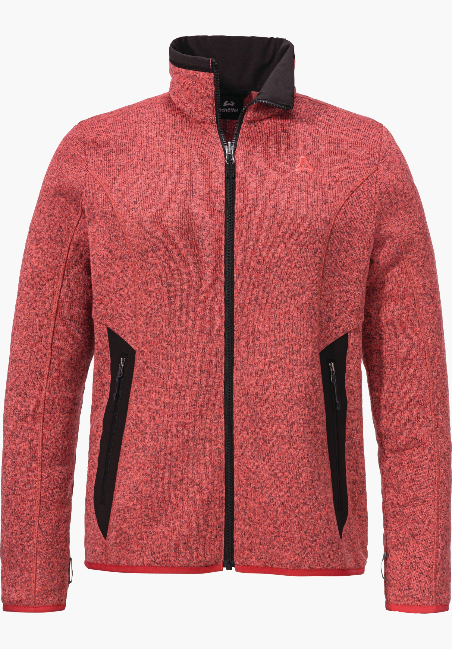 CIRC Fleece Jk Style Yew WMS veste polaire chinée rose avec fermeture éclair noire, logo Schöffel à gauche sur la poitrine; fermeture éclair fermée, deux poches noires; inscription: « Schöffel ». Fond blanc.