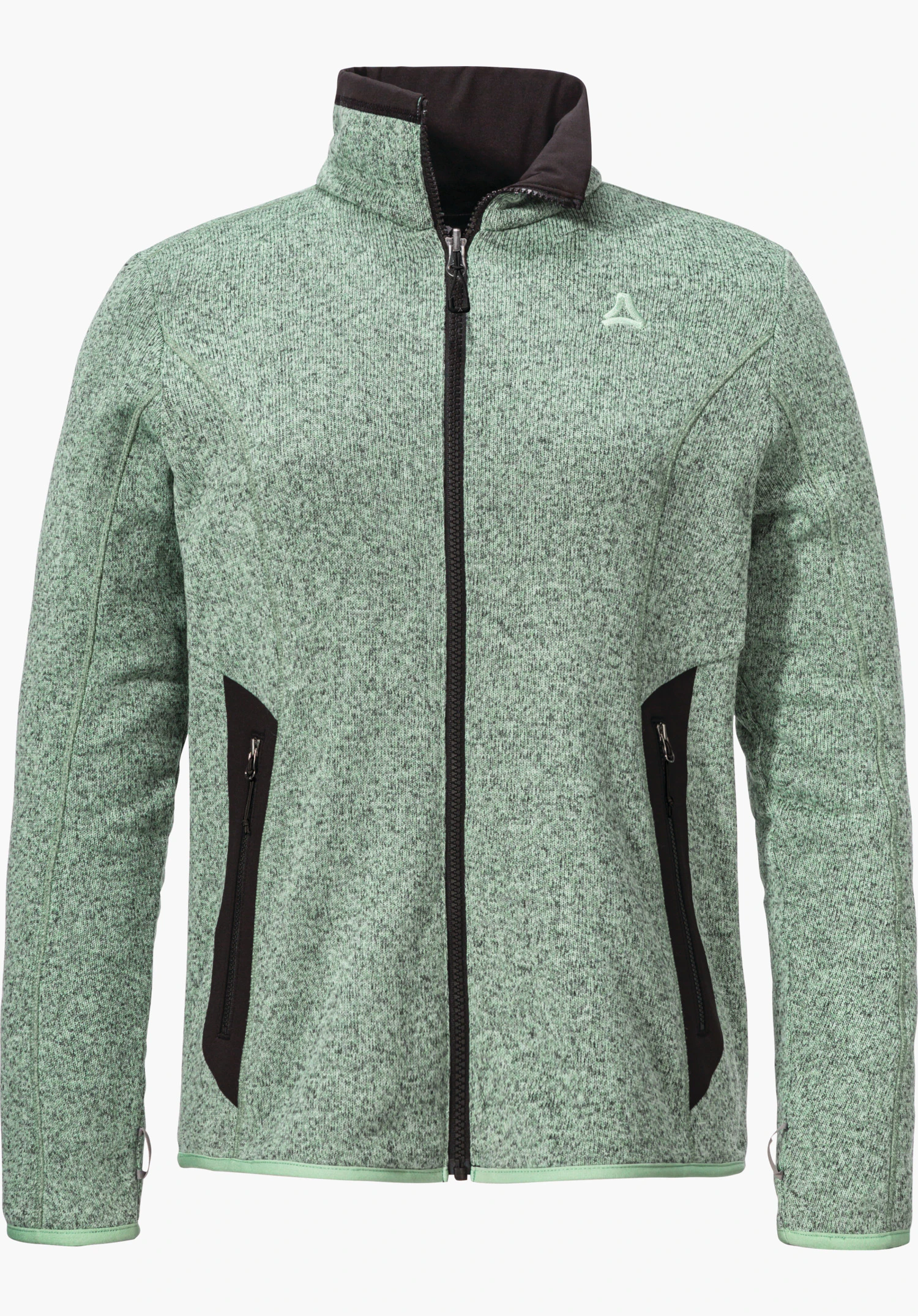 CIRC Fleece Jk Style Yew WMS veste polaire chinée vert clair avec empiècements noirs, fermeture éclair fermée, logo Schöffel sur la poitrine gauche, vue de face sur fond blanc neutre.
