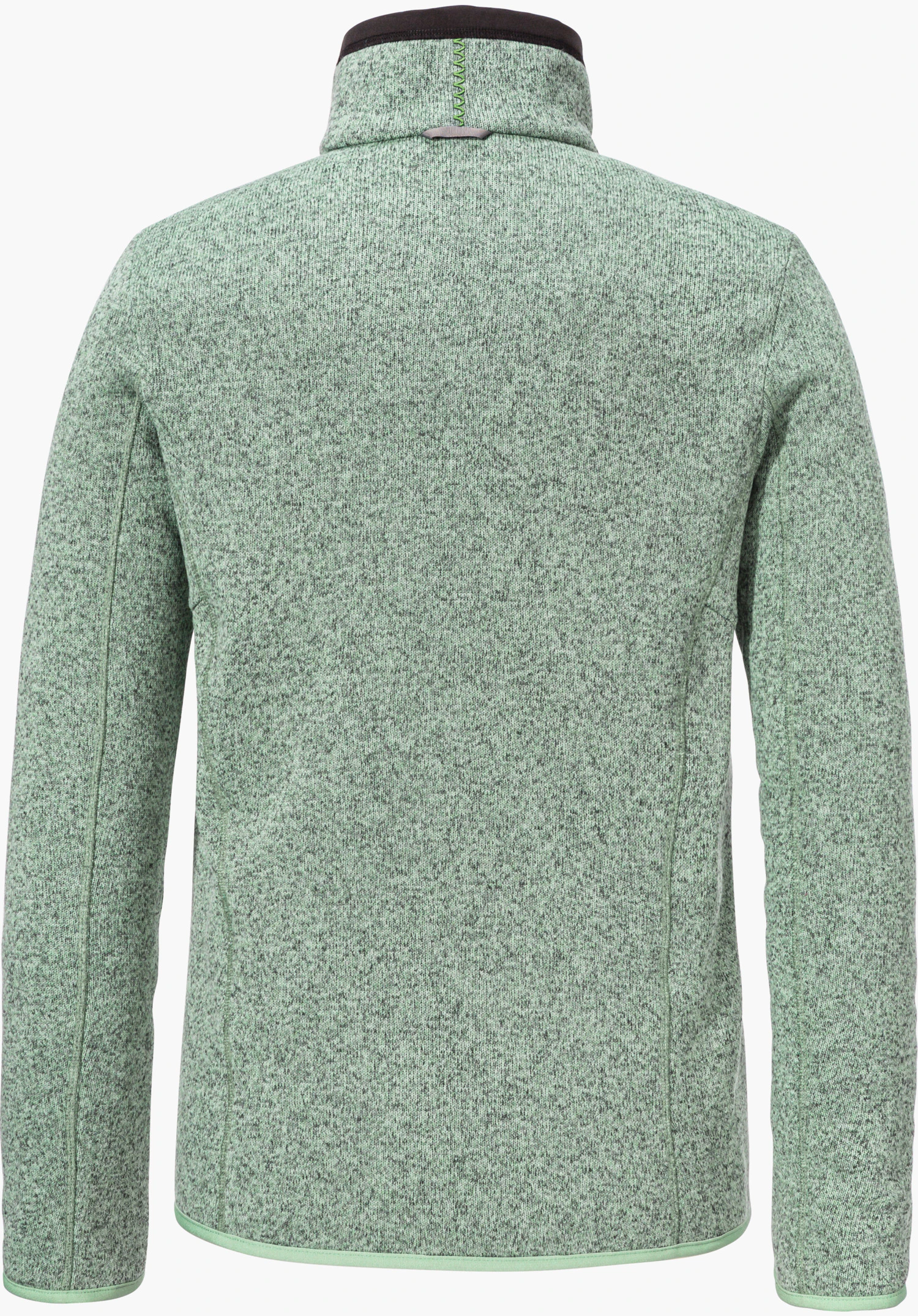 CIRC Fleece Jk Style Yew WMS Veste polaire vert clair, vue de dos; posée sur fond blanc, col montant avec bordure noire, manches longues, tissu finement chiné.