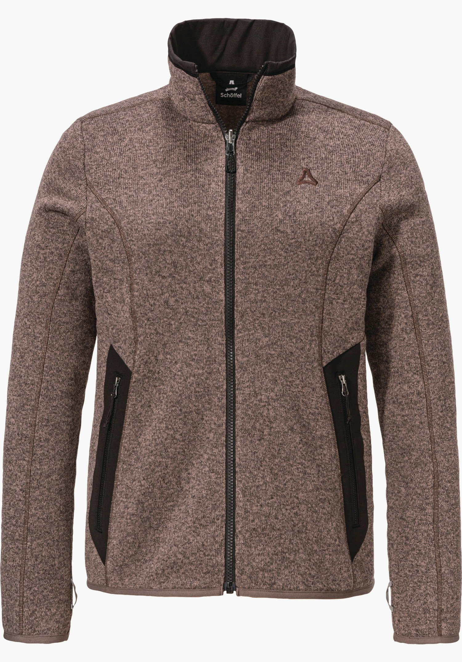 CIRC Fleece Jk Style Yew WMS veste polaire chinée marron, fermeture éclair fermée, vue de face; deux poches latérales zippées noires, col montant, détourée sur fond blanc. Inscriptions sur étiquette intérieure: « Schöffel » et logo Schöffel.