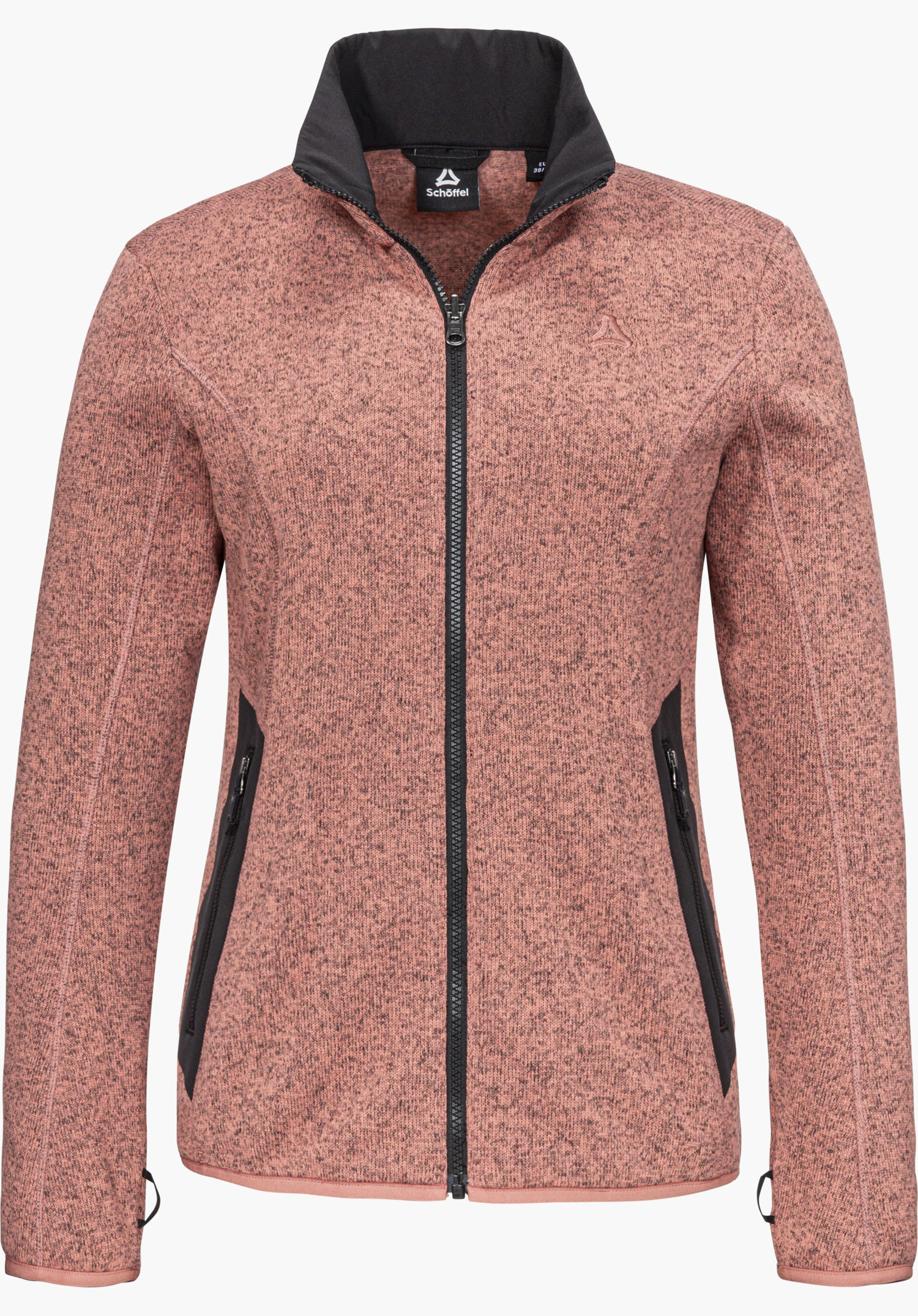 CIRC Fleece Jk Style Yew WMS Fleecejacke in rosa als Frontansicht mit durchgehendem Reißverschluss, kontrastierender schwarzer Innenseite am Kragen, sichtbarem Schöffel-Logo auf der Brust sowie an den Reißverschlüssen, freigestellt vor weißem Hintergrund.